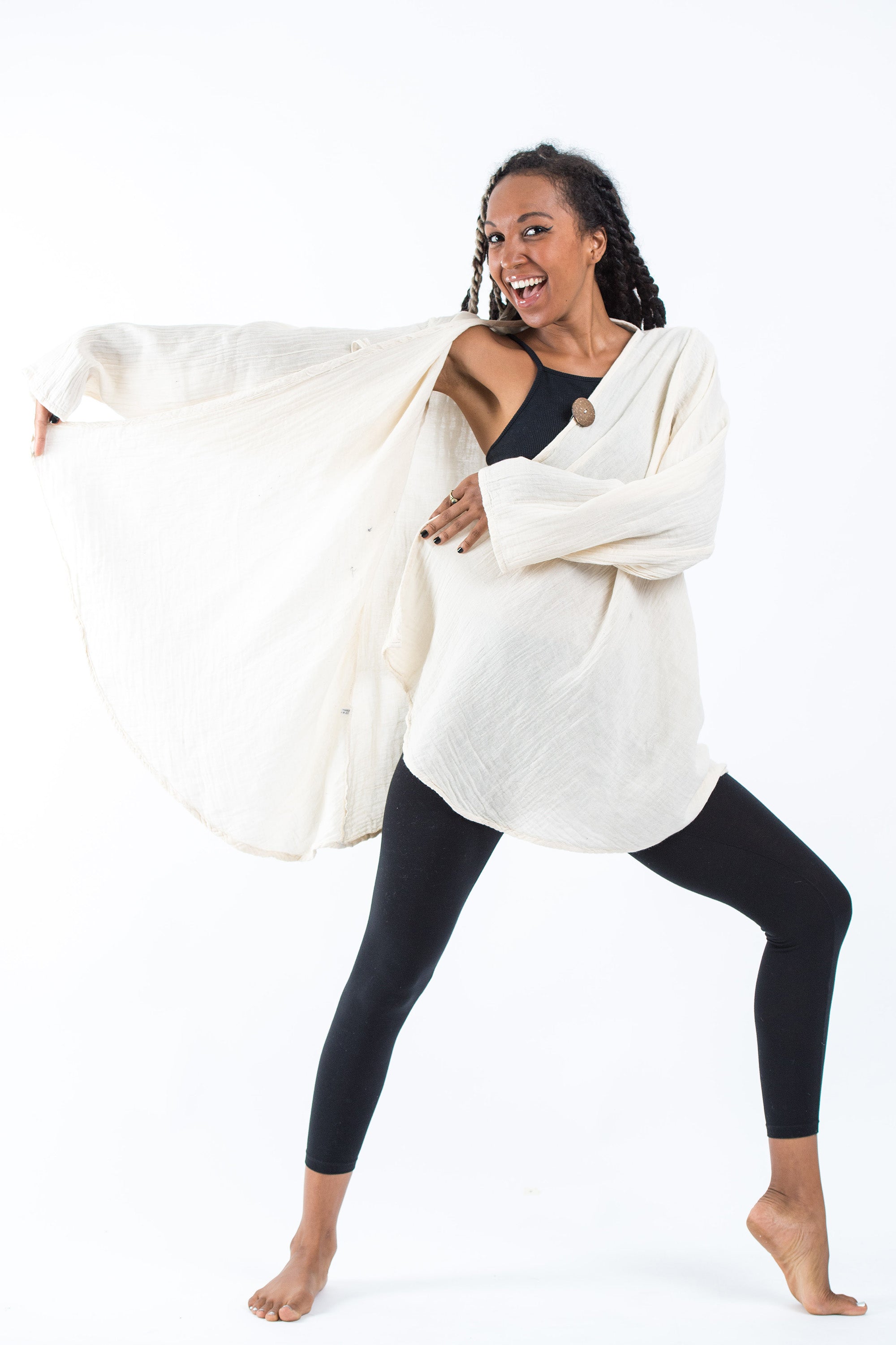 Women's Crinkled Hill Tribe Cotton Cardigan in Off White