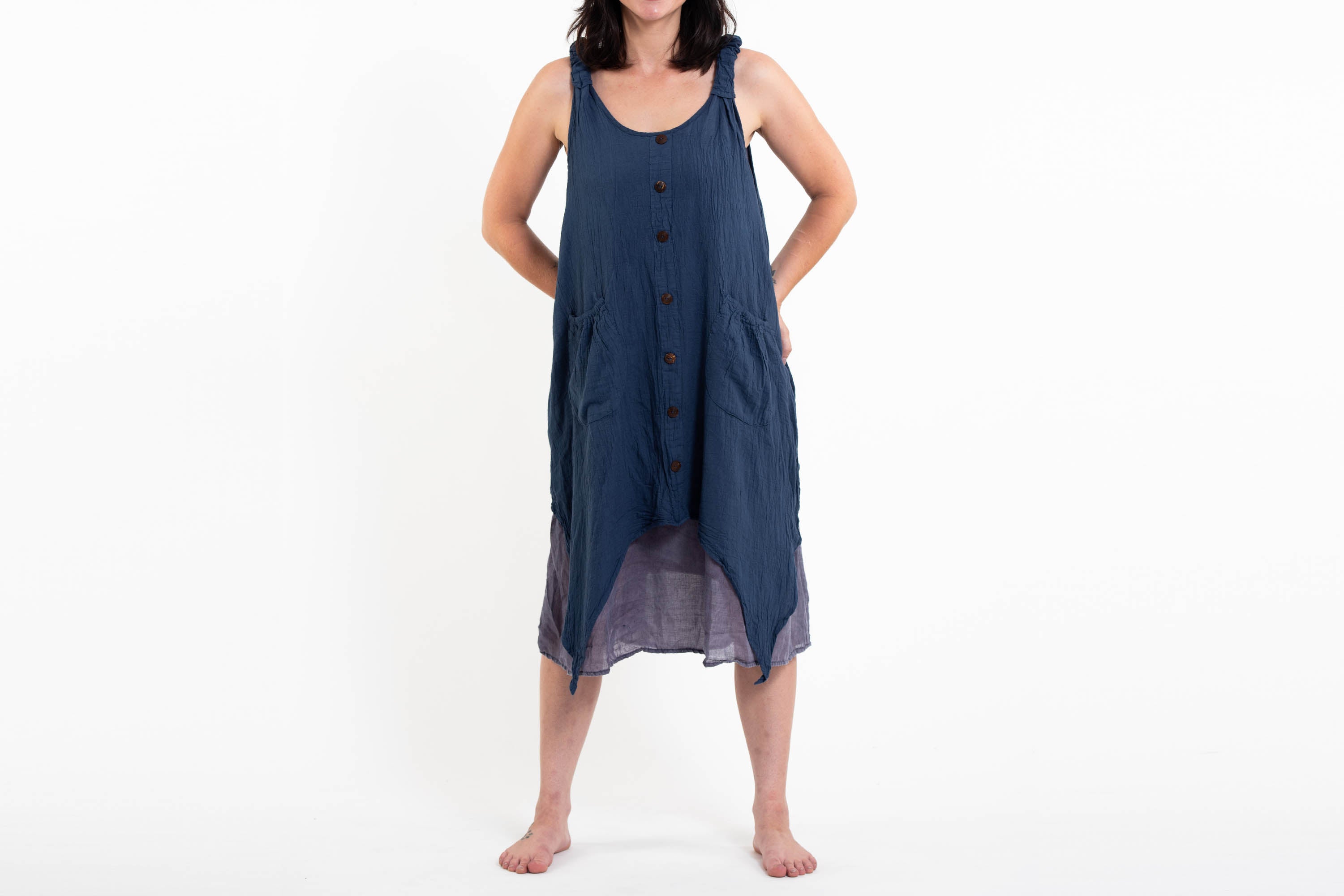 Crinkled Hill Tribe Cotton Tank Dress in Navy