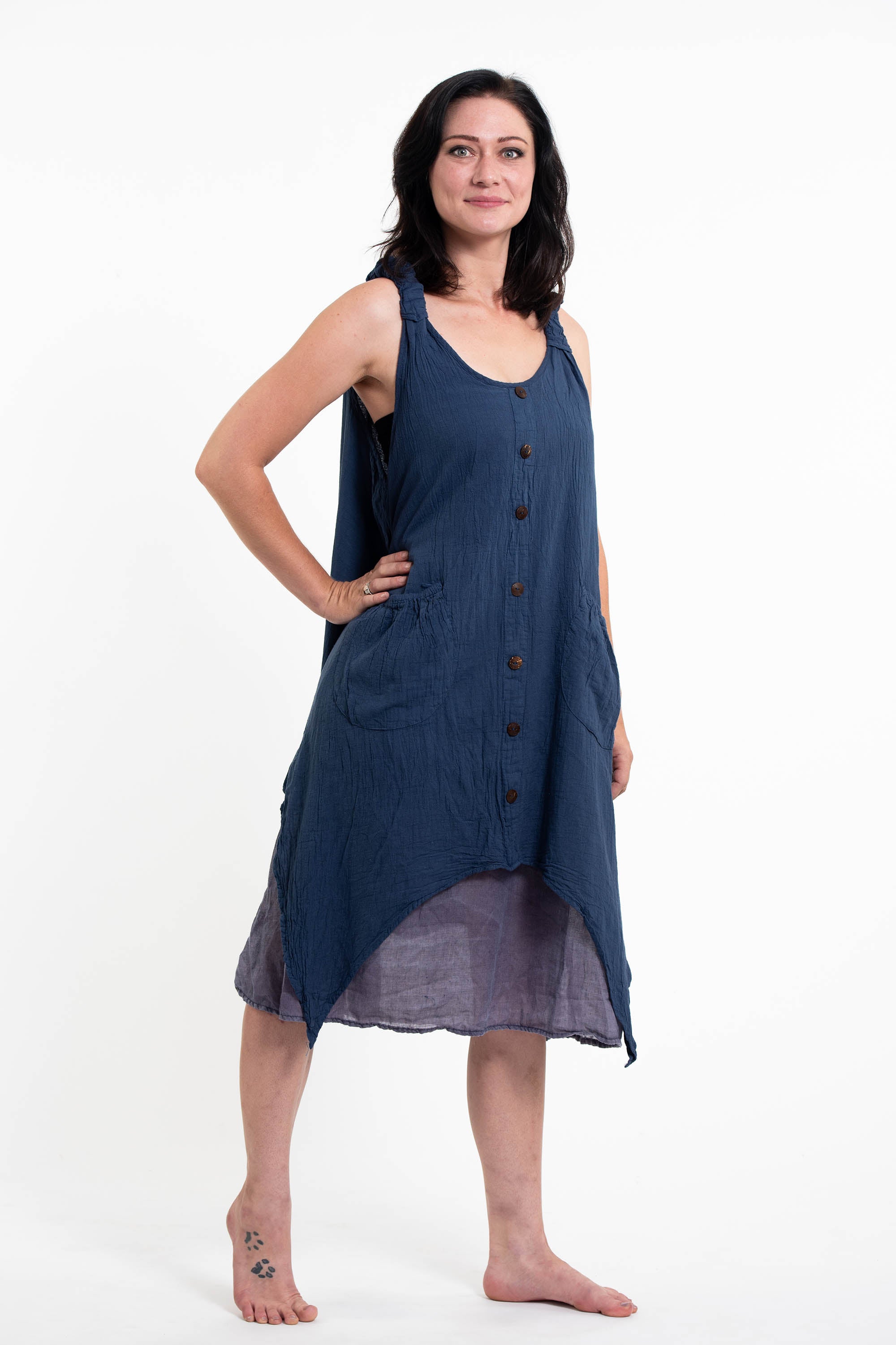 Crinkled Hill Tribe Cotton Tank Dress in Navy