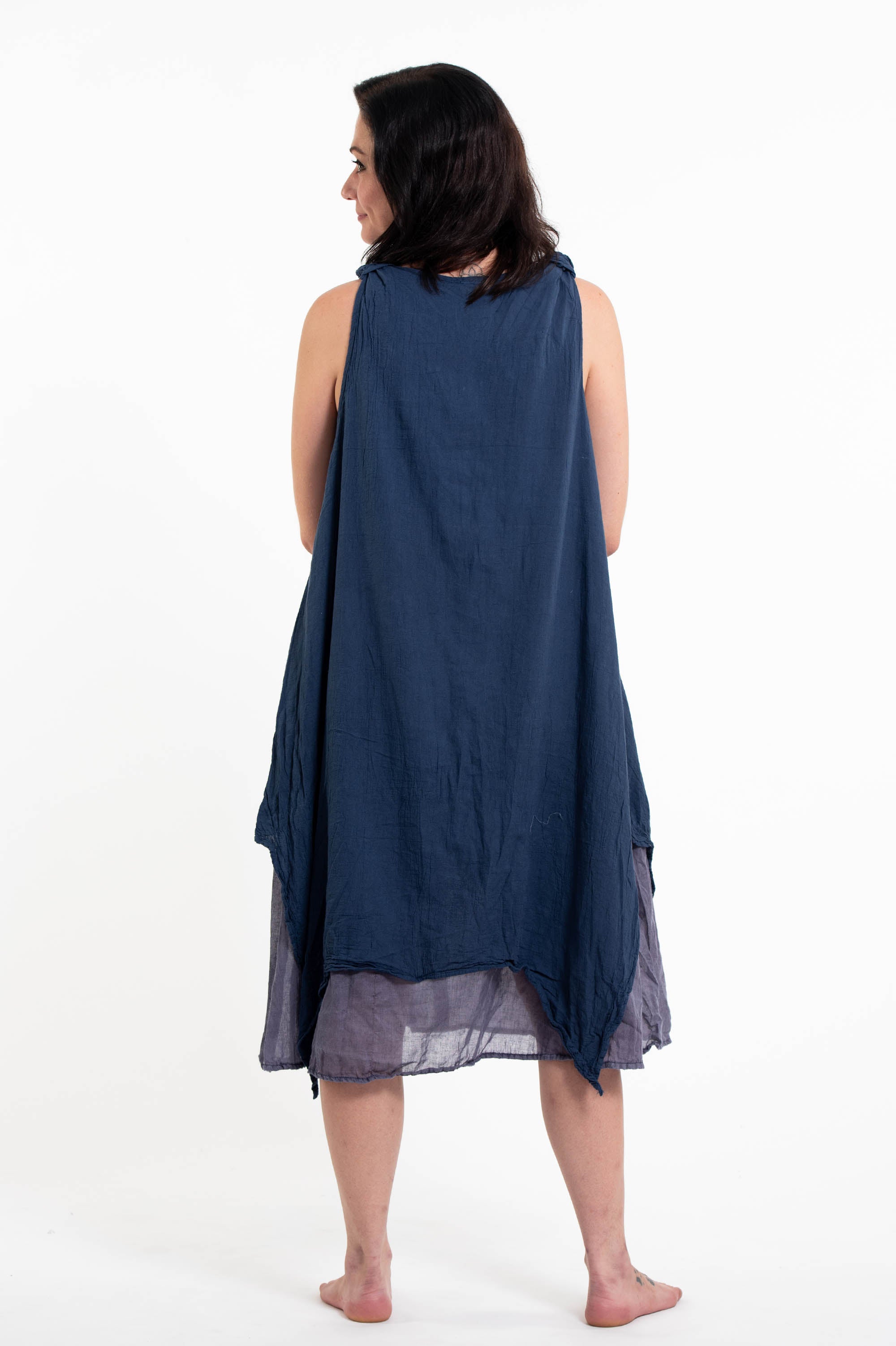 Crinkled Hill Tribe Cotton Tank Dress in Navy