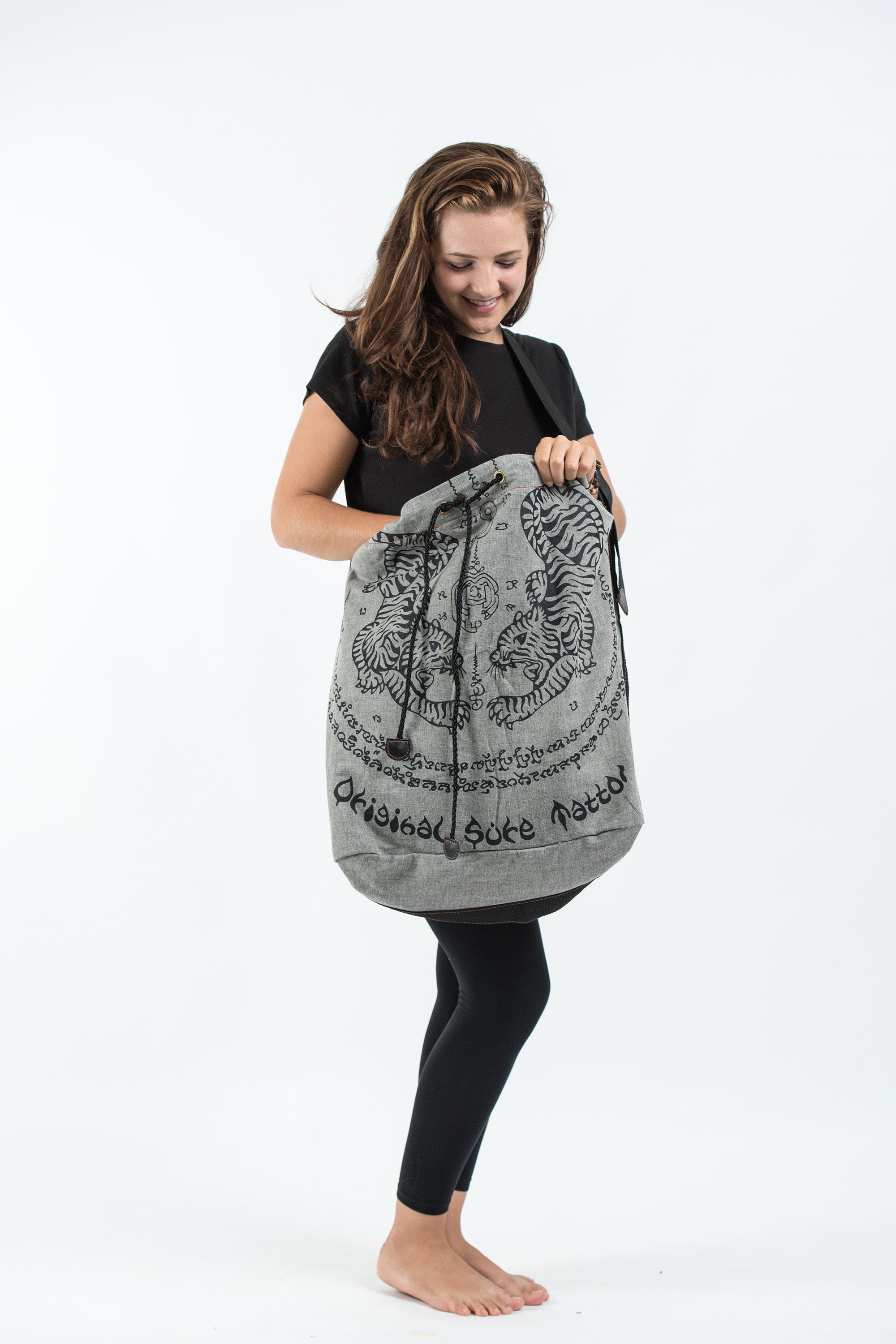 Thai Tattoo Denim Drawstring Tote Bag