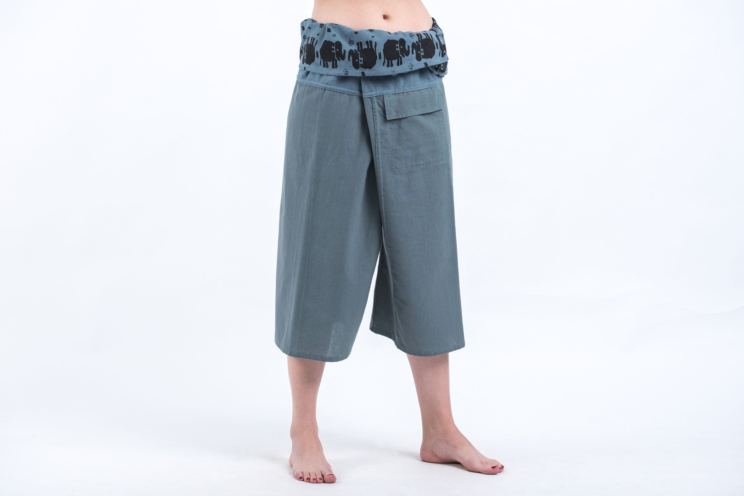 Women's Cropped Fisherman Pants with Pattern Waist Band in Blue Gray