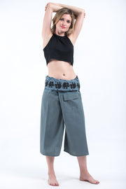 Women's Cropped Fisherman Pants with Pattern Waist Band in Blue Gray
