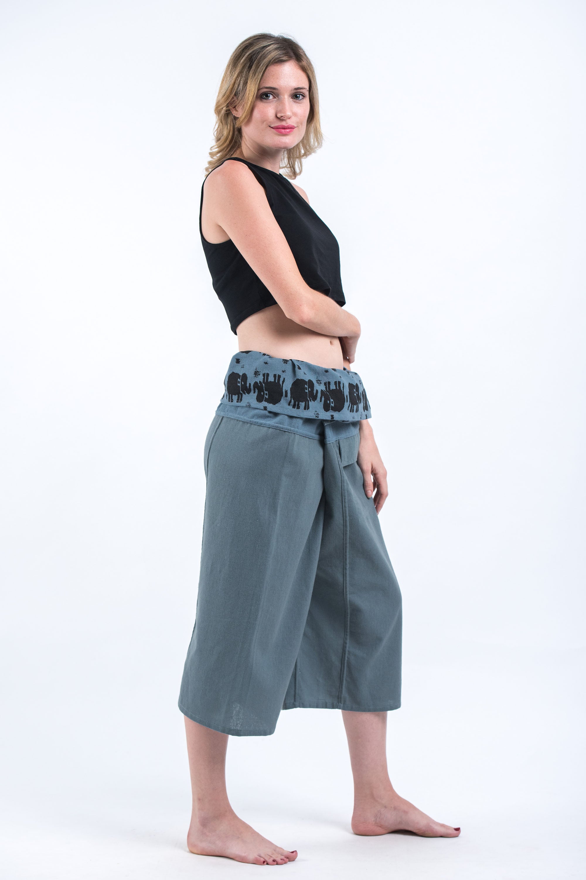 Women's Cropped Fisherman Pants with Pattern Waist Band in Blue Gray