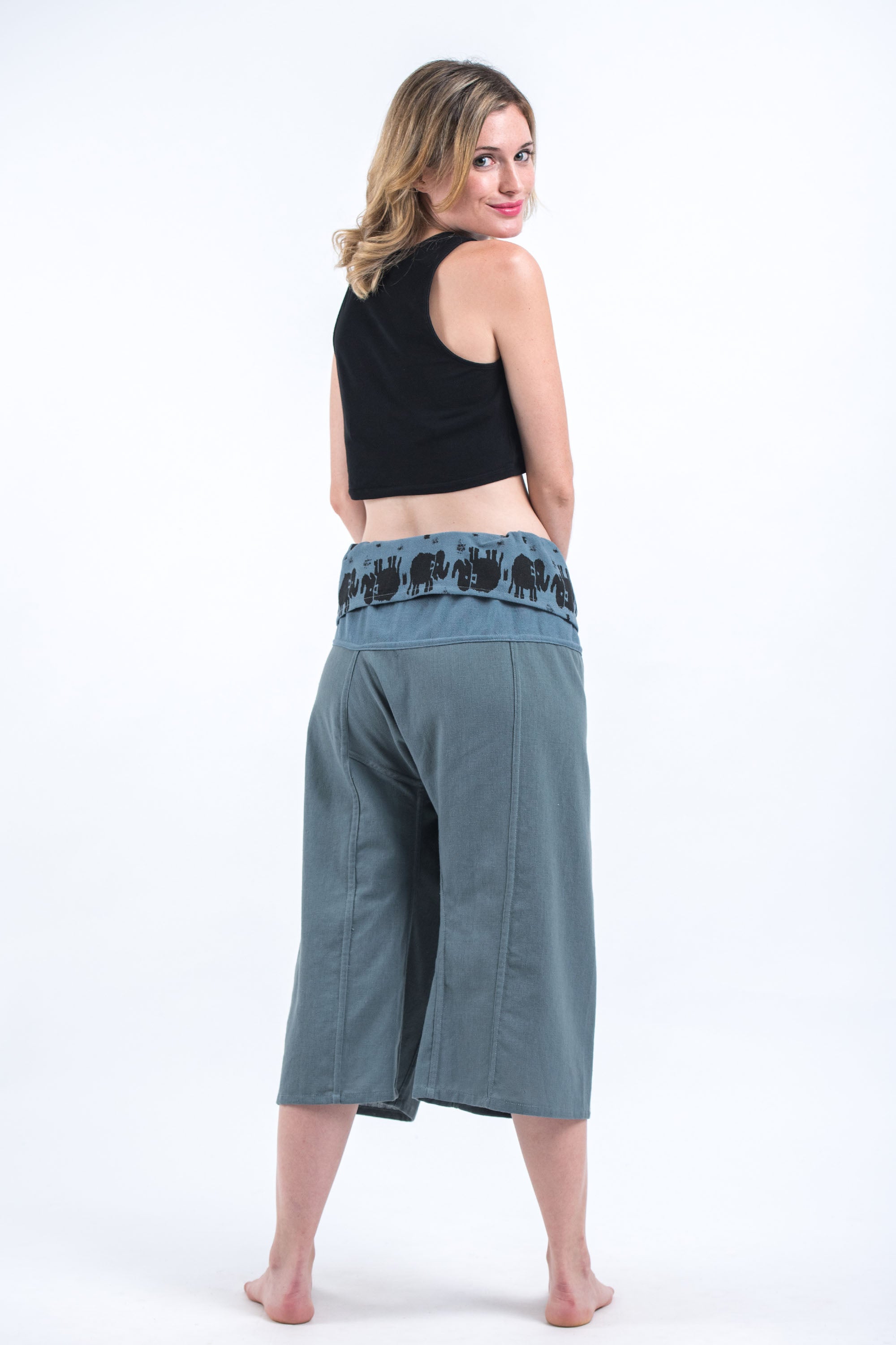Women's Cropped Fisherman Pants with Pattern Waist Band in Blue Gray