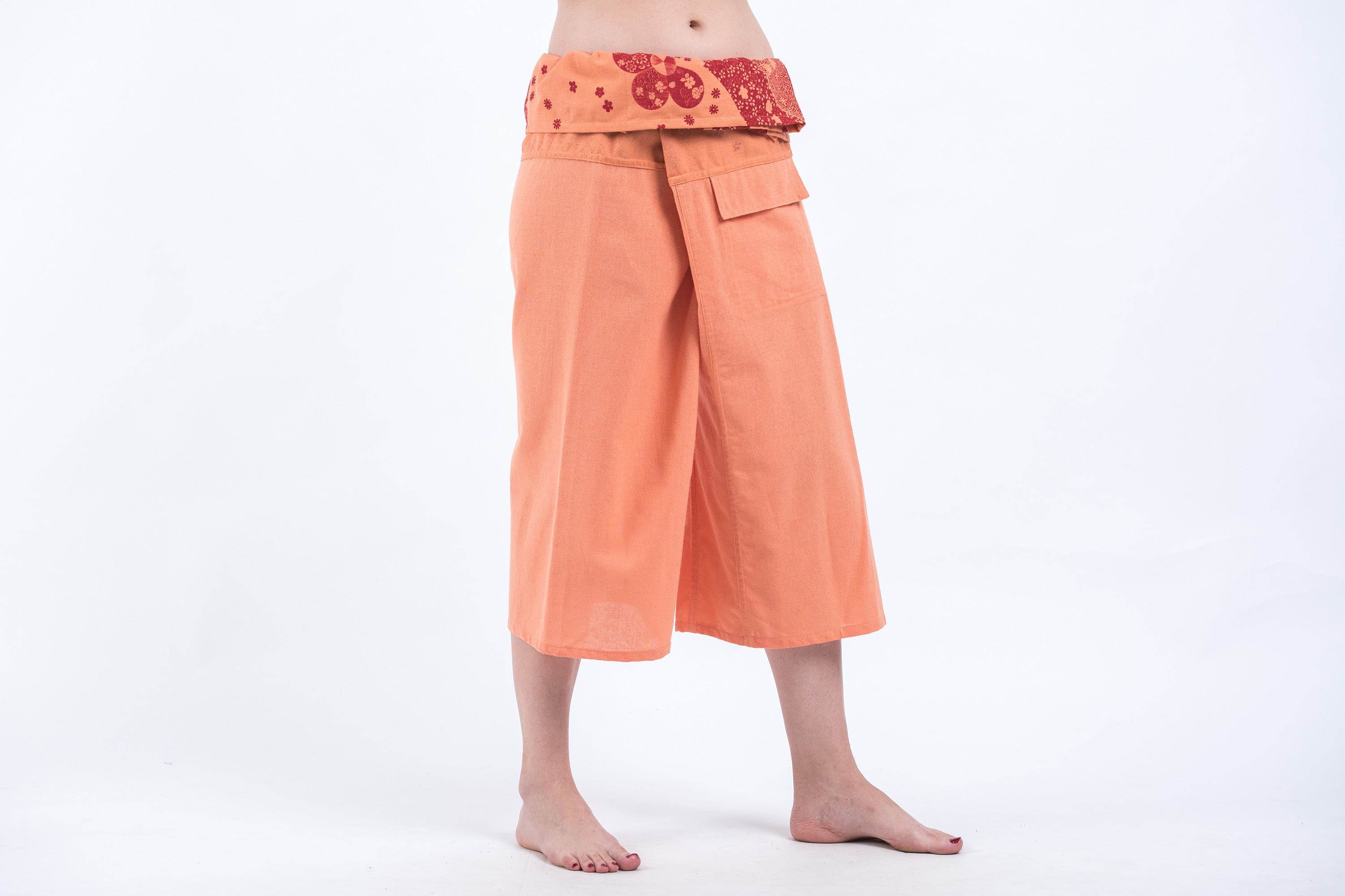 Women's Cropped Fisherman Pants with Pattern Waist Band in Light Orange