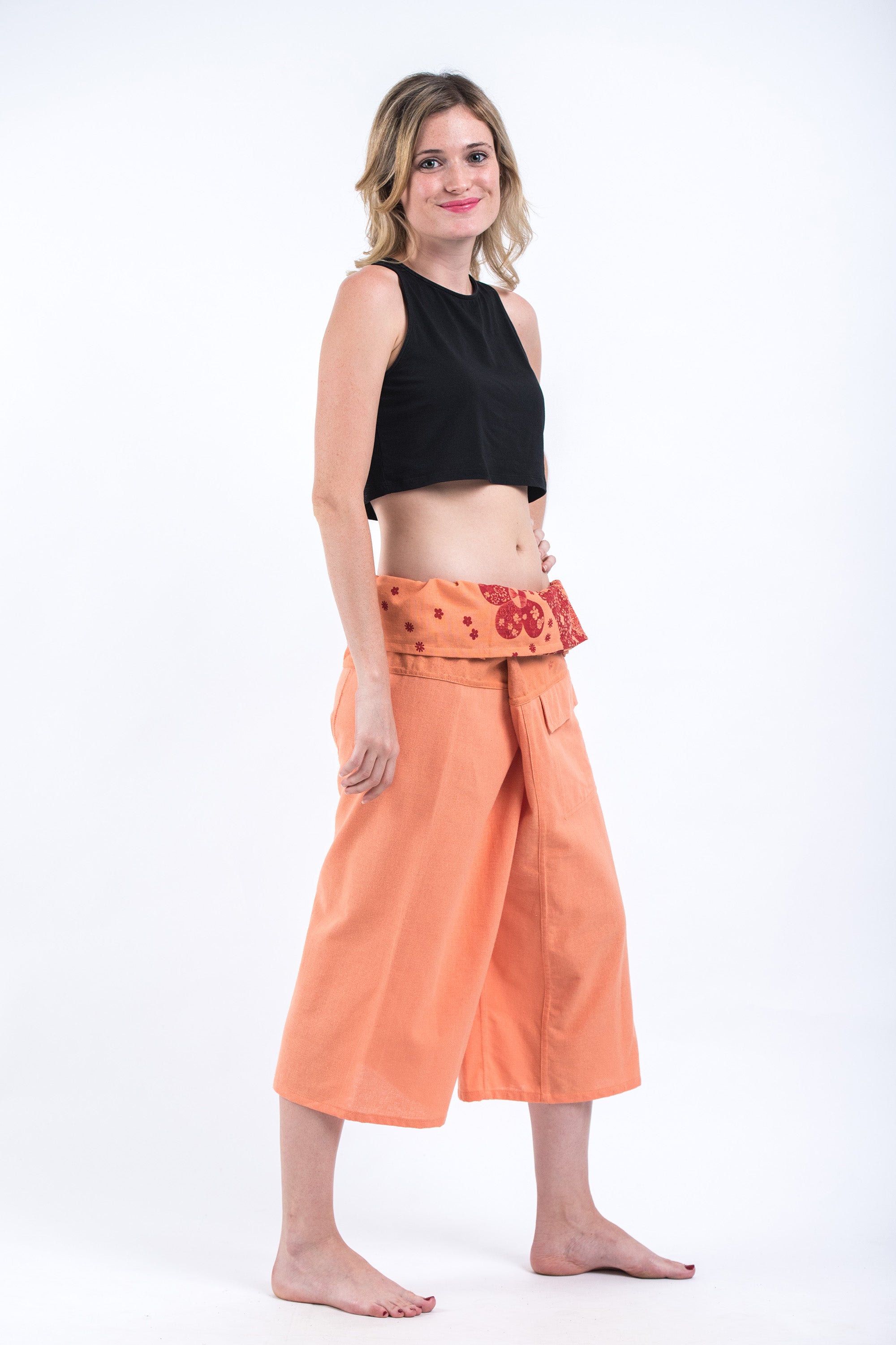 Women's Cropped Fisherman Pants with Pattern Waist Band in Light Orang ...