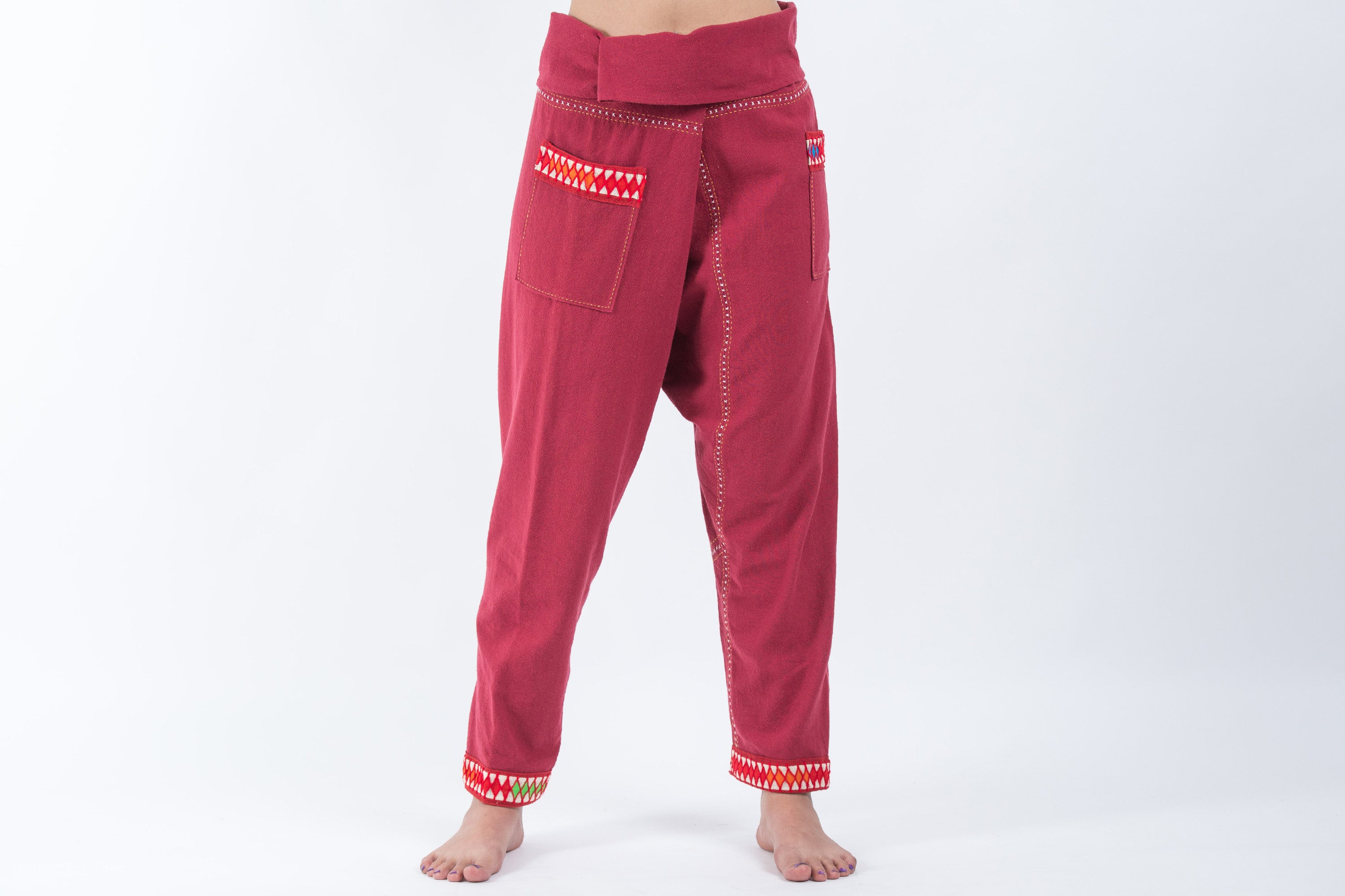 Hand Embroidered Women's Slim Cut Fisherman Pants in Red