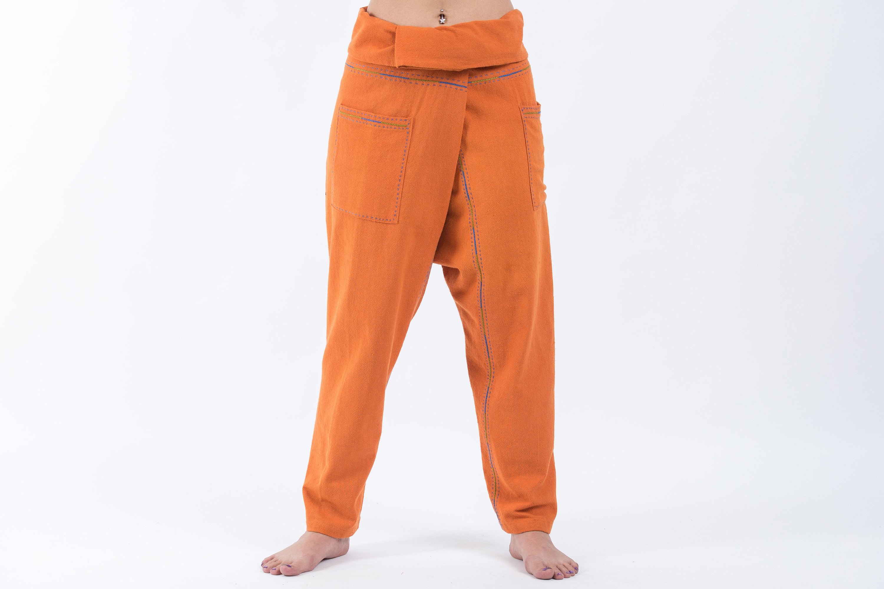 Hand Embroidered Women's Slim Cut Fisherman Pants in Orange