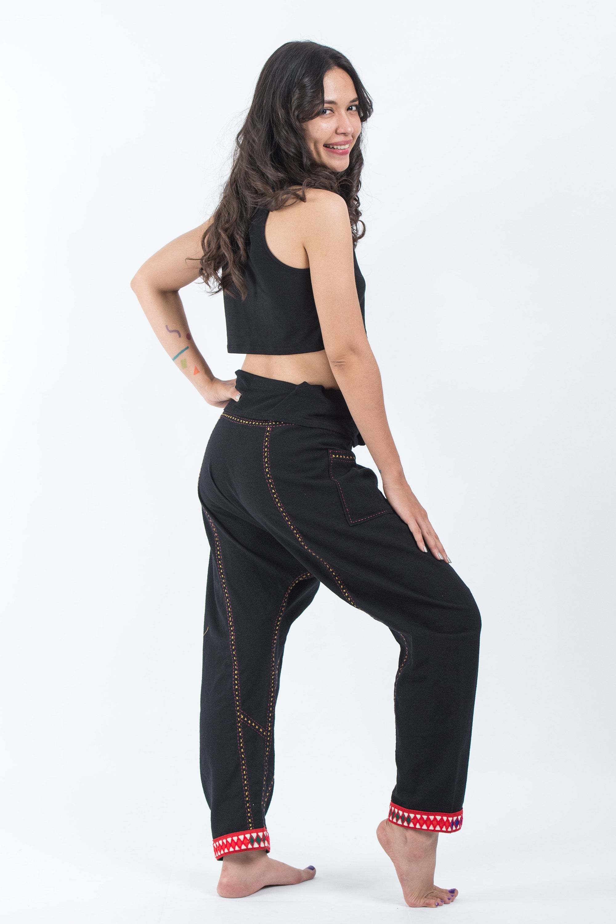 Hand Embroidered Women's Slim Cut Fisherman Pants in Black