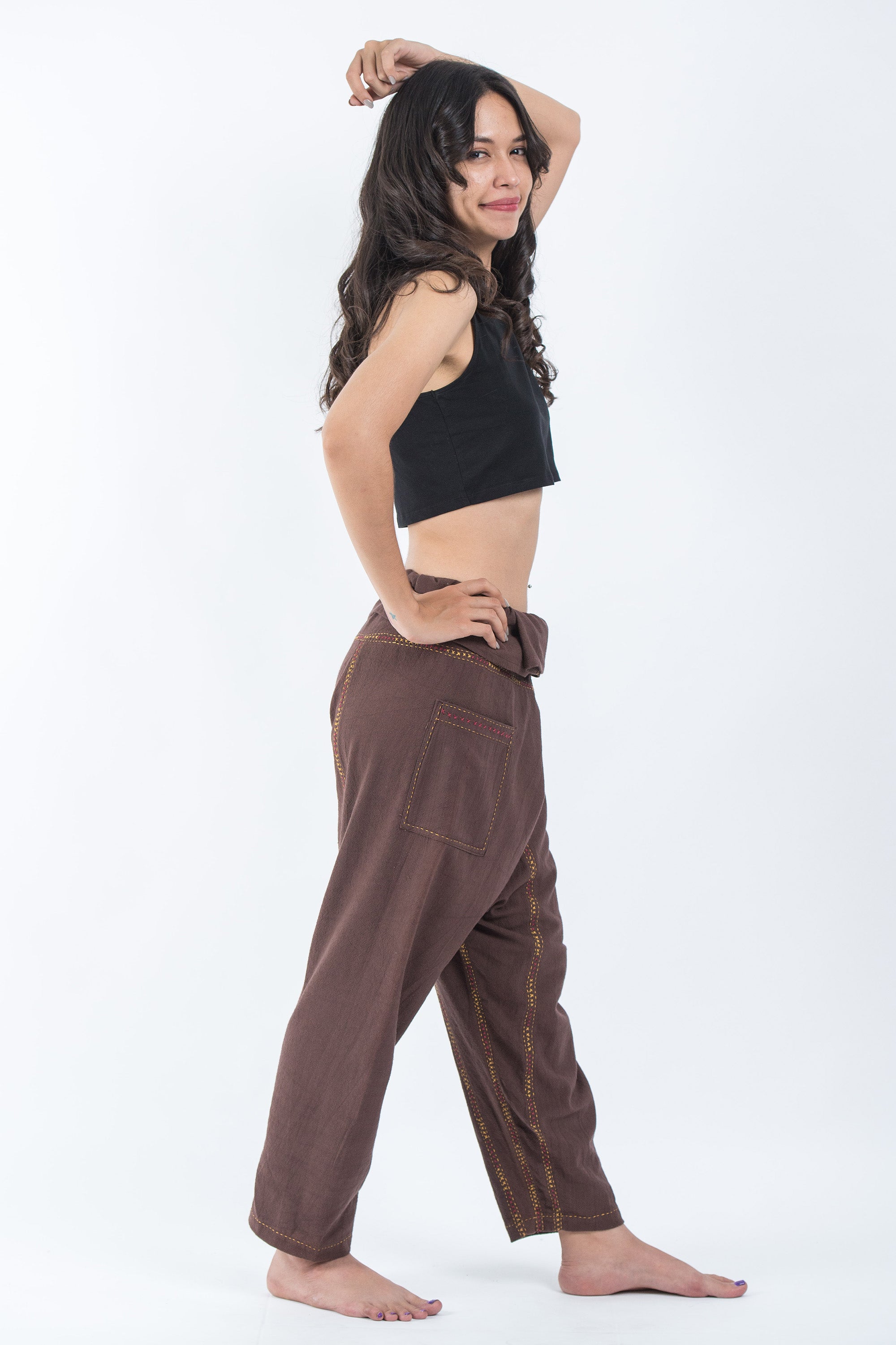Hand Embroidered Women's Slim Cut Fisherman Pants in Brown