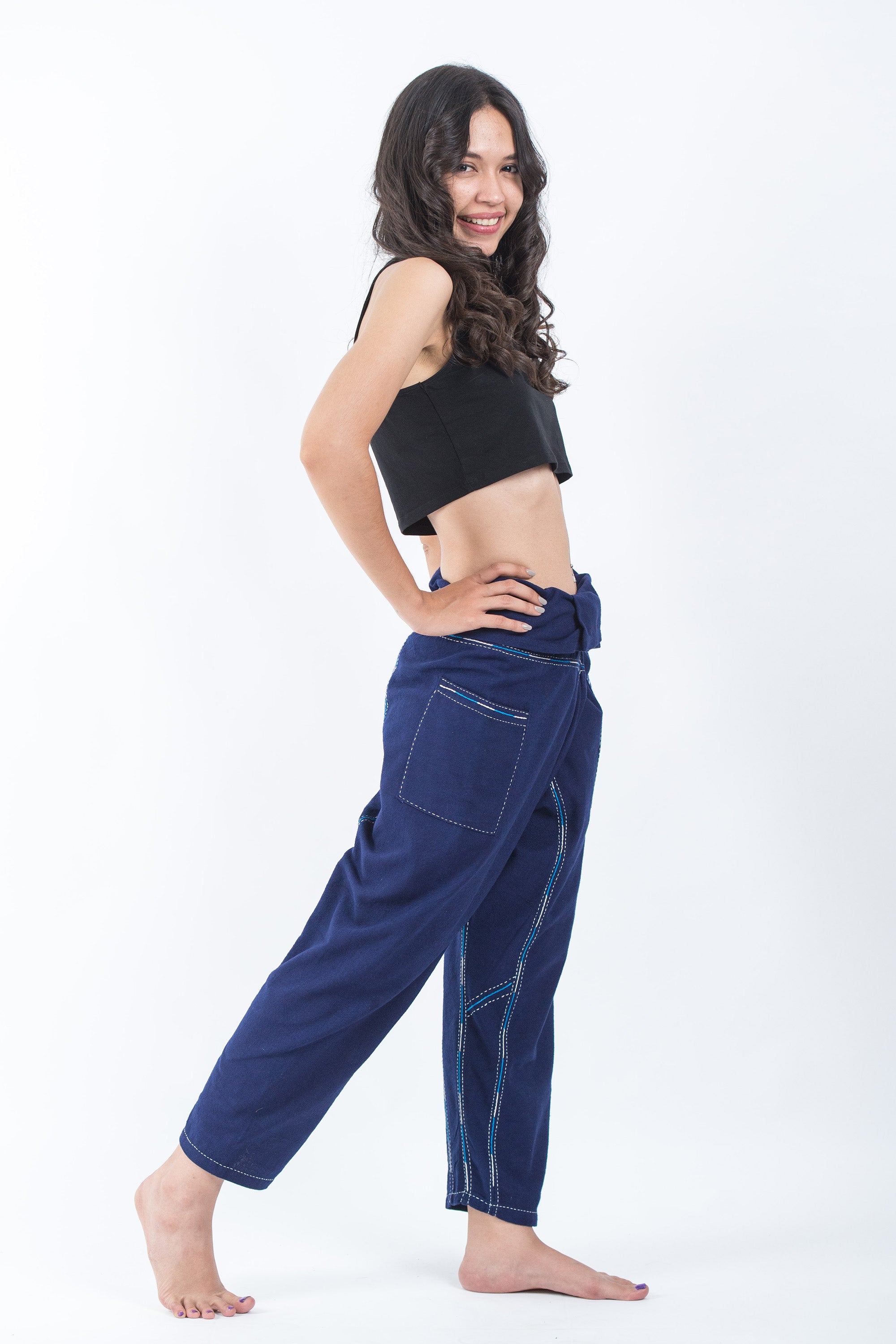 Hand Embroidered Women's Slim Cut Fisherman Pants in Navy