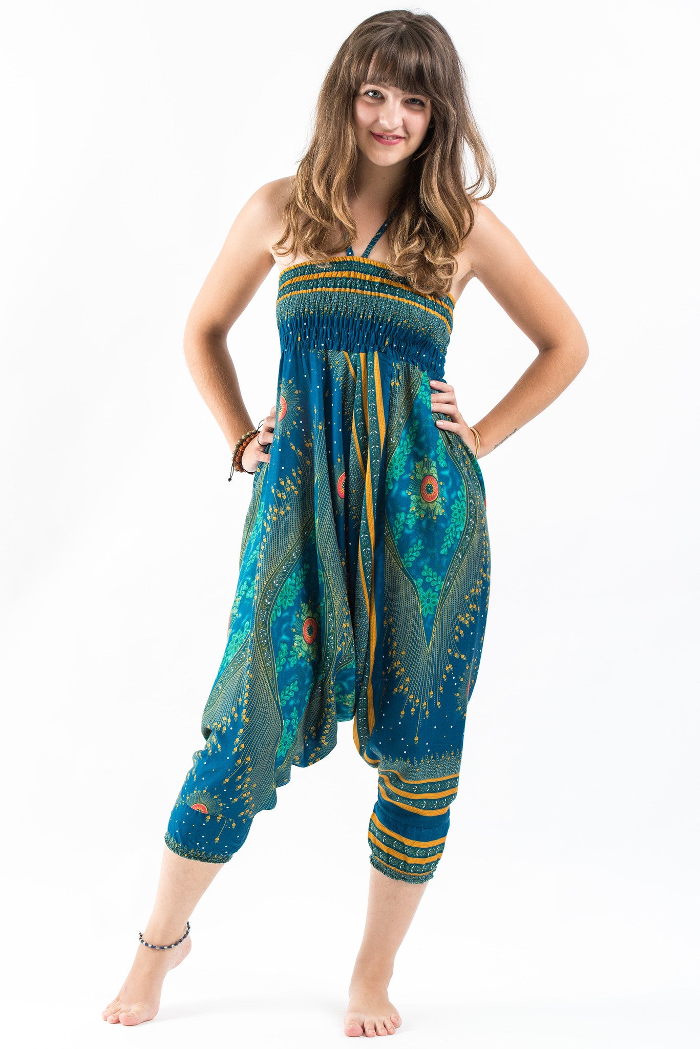 Peacock Eye 2-in-1 Jumpsuit Harem Pants in Turquoise