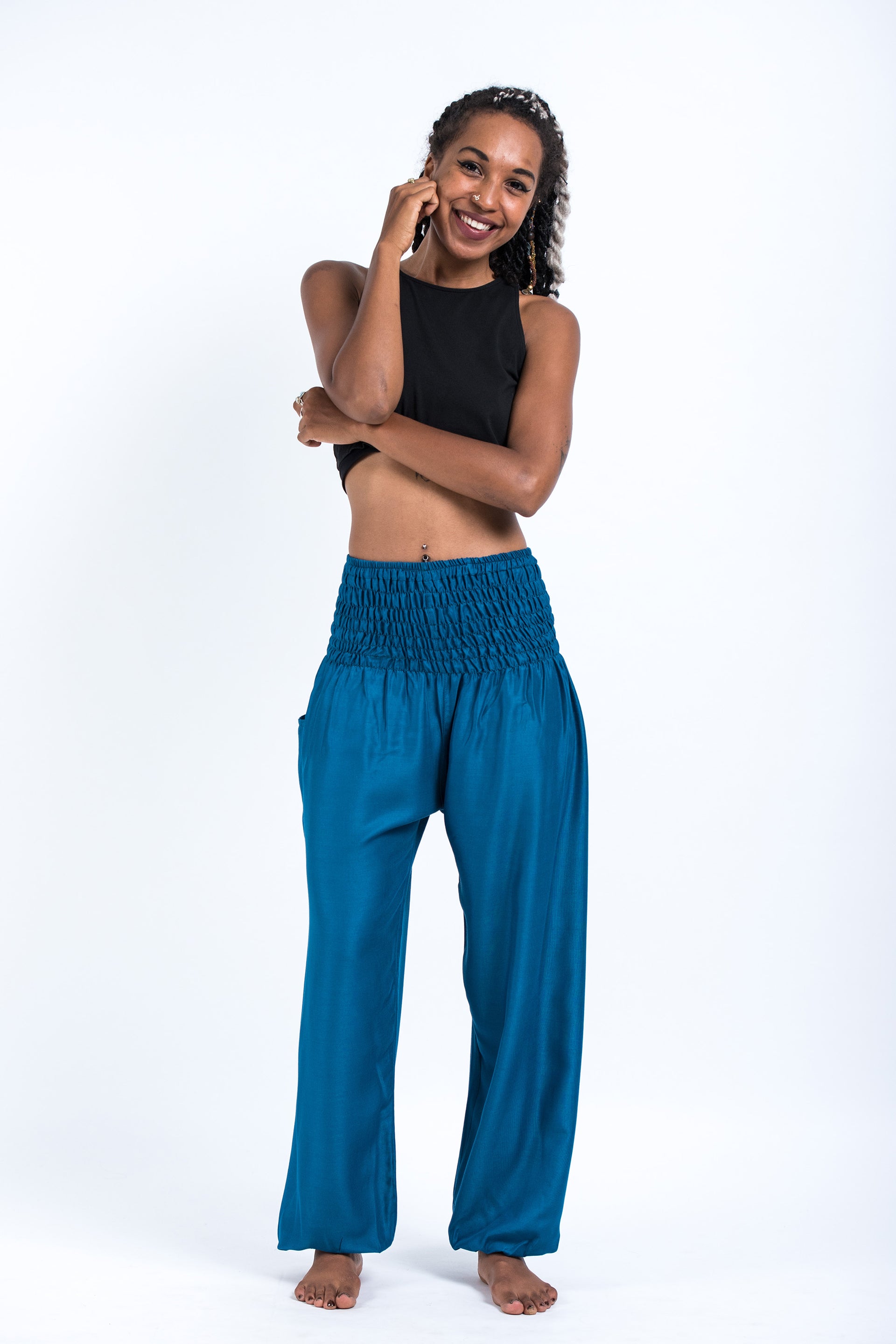 Elleven Women's Light Blue Solid Pleated Harem Pants