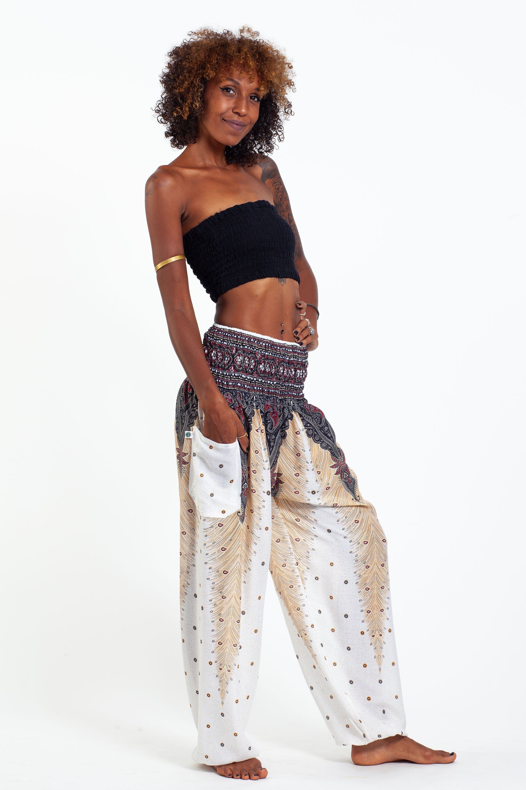 Peacock Feathers Women's Harem Pants in White