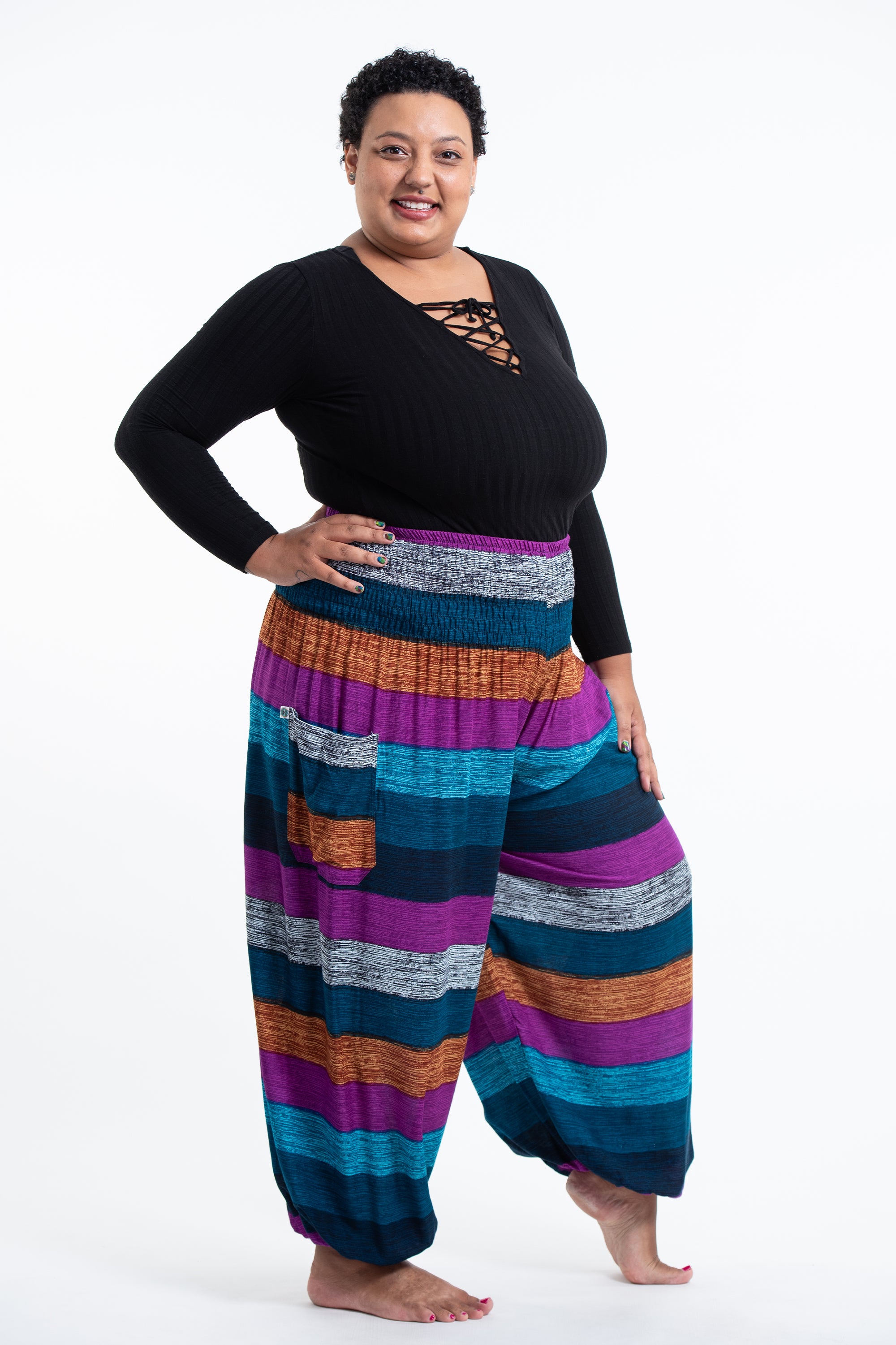 Plus Size Boho Striped Women's Harem Pants in Blue