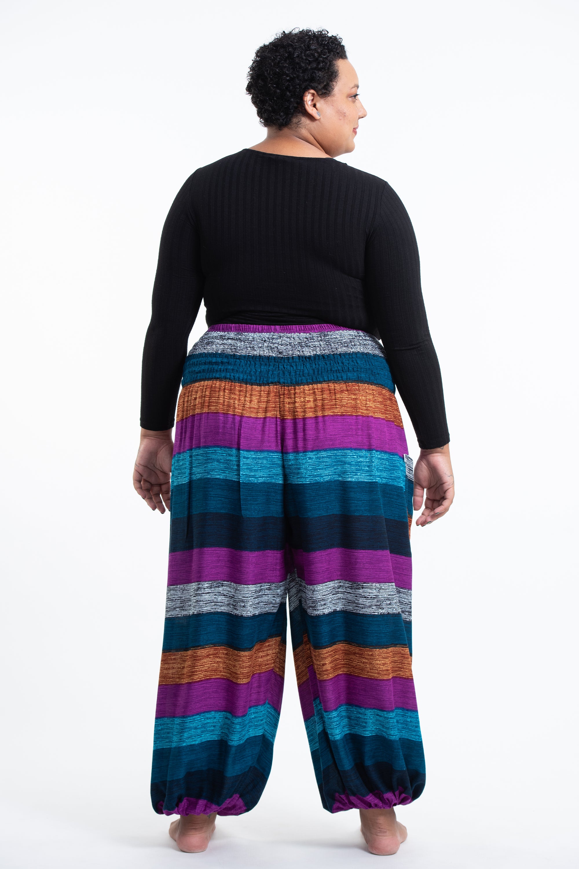 Plus Size Boho Striped Women's Harem Pants in Blue