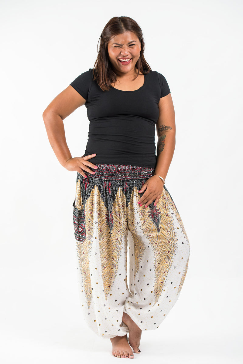 Plus Size Peacock Feathers Women's Harem Pants in White