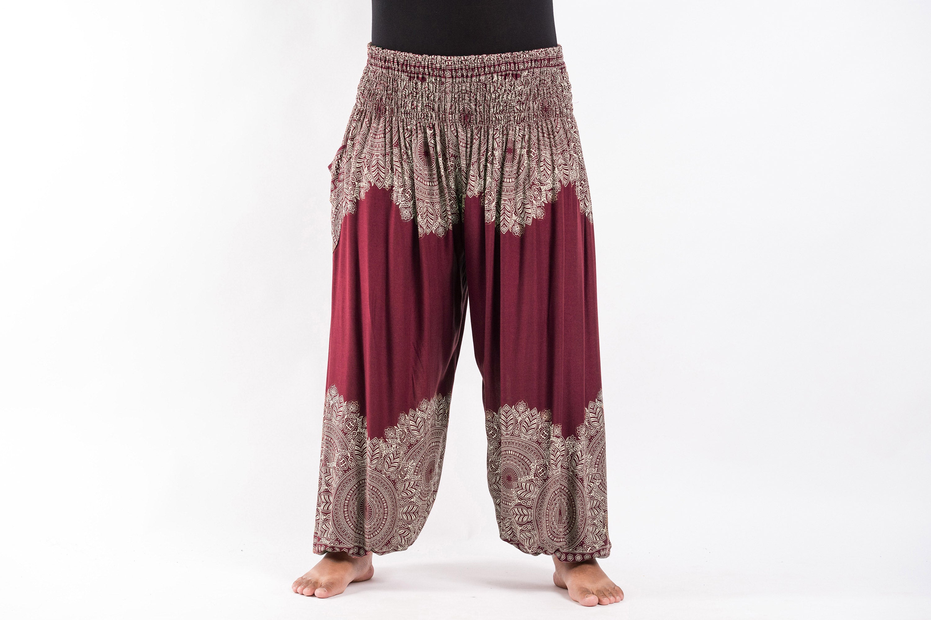 Plus Size Floral Mandalas Women's Harem Pants in Maroon