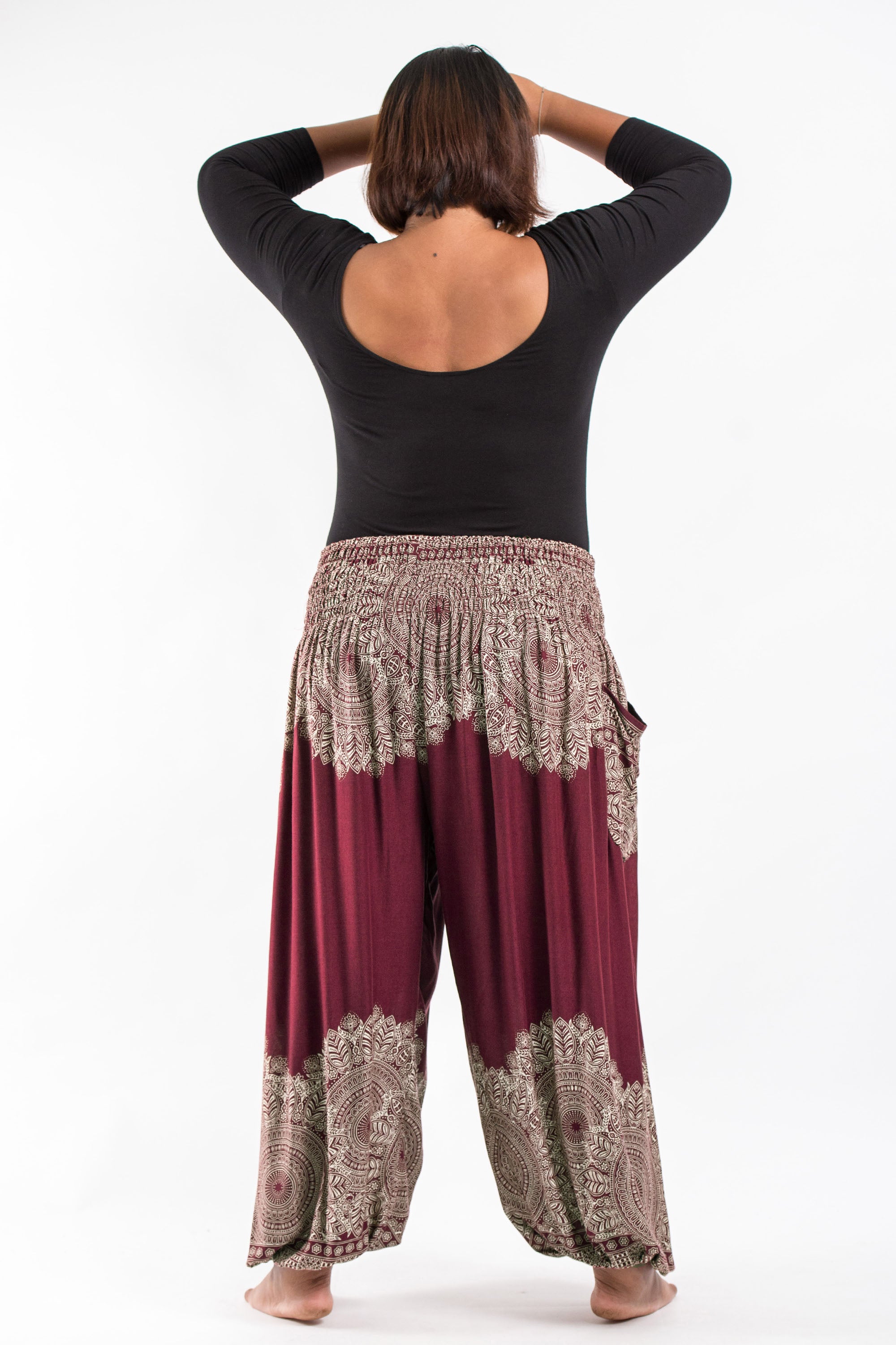 Plus Size Floral Mandalas Women's Harem Pants in Maroon