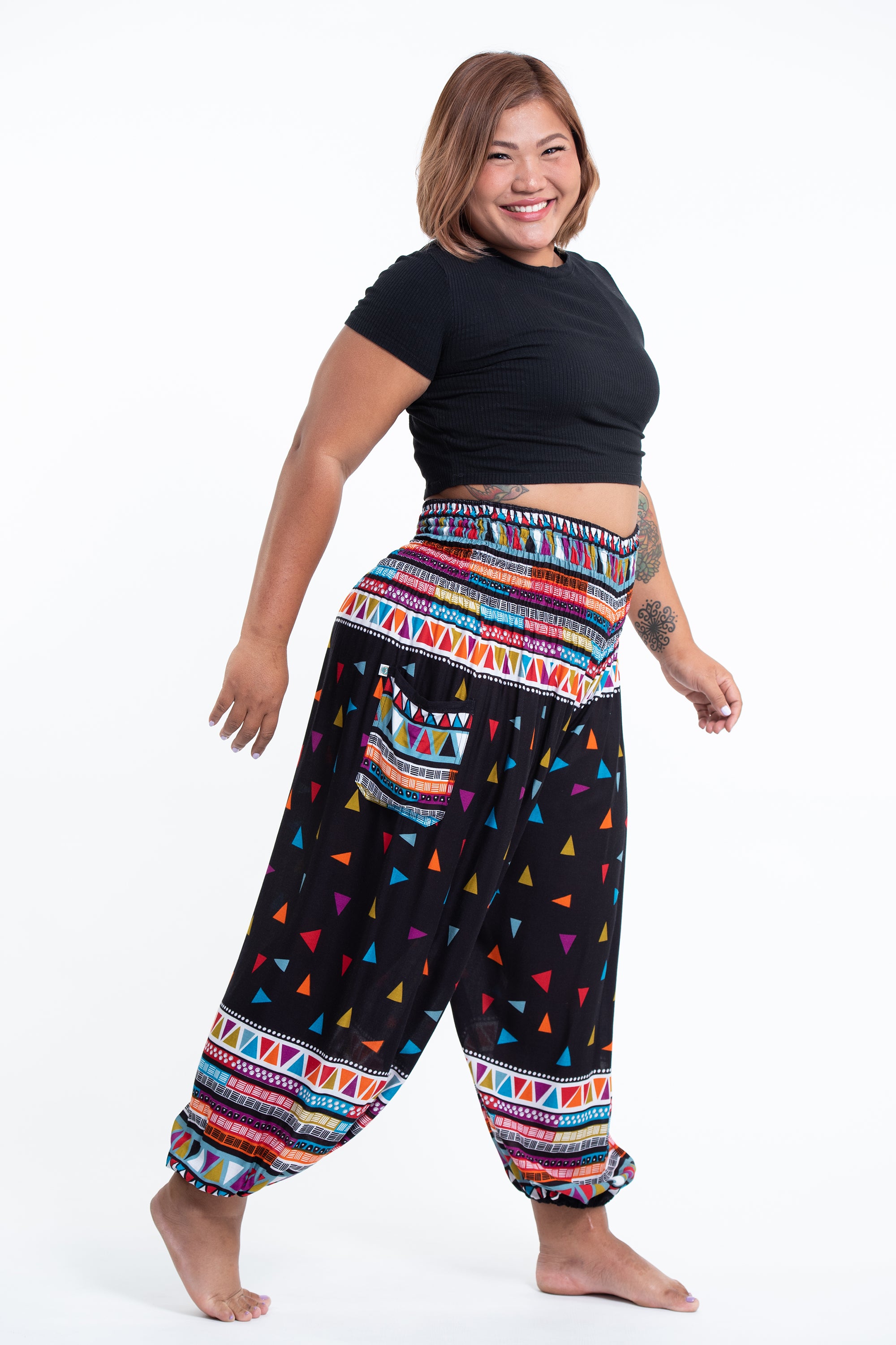 Plus Size Triangles Women's Harem Pants in Black