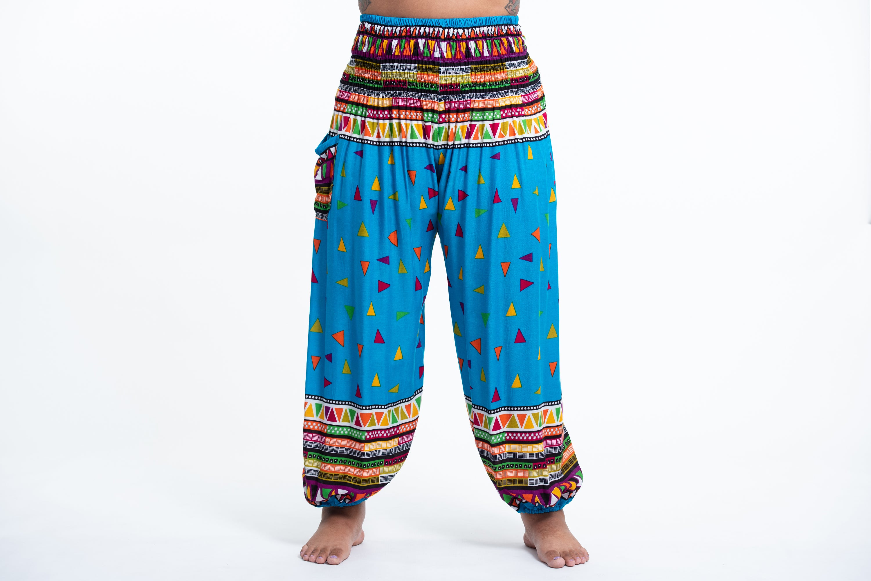 Plus Size Triangles Women's Harem Pants in Ocean Blue