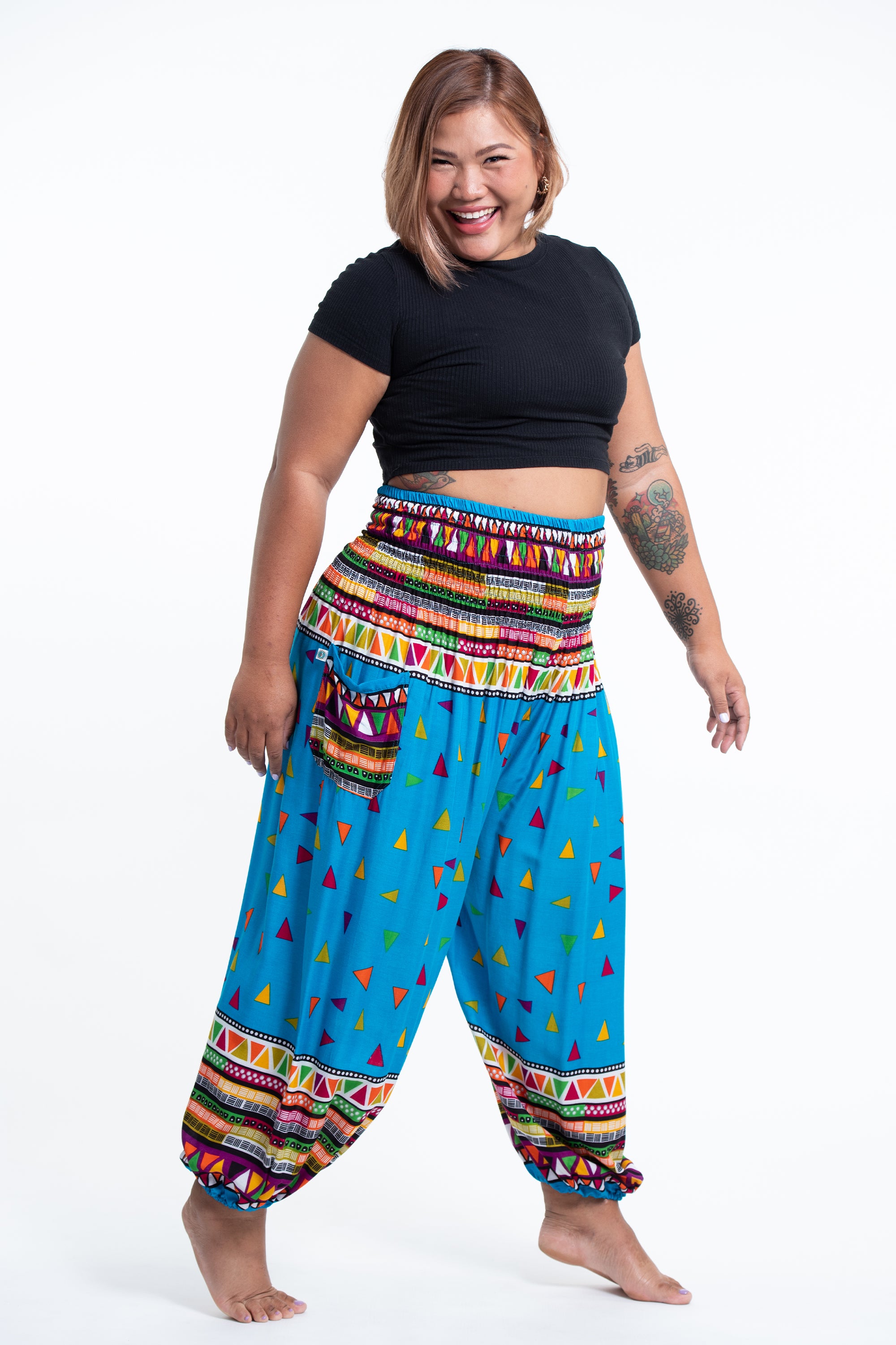 Plus Size Triangles Women's Harem Pants in Ocean Blue