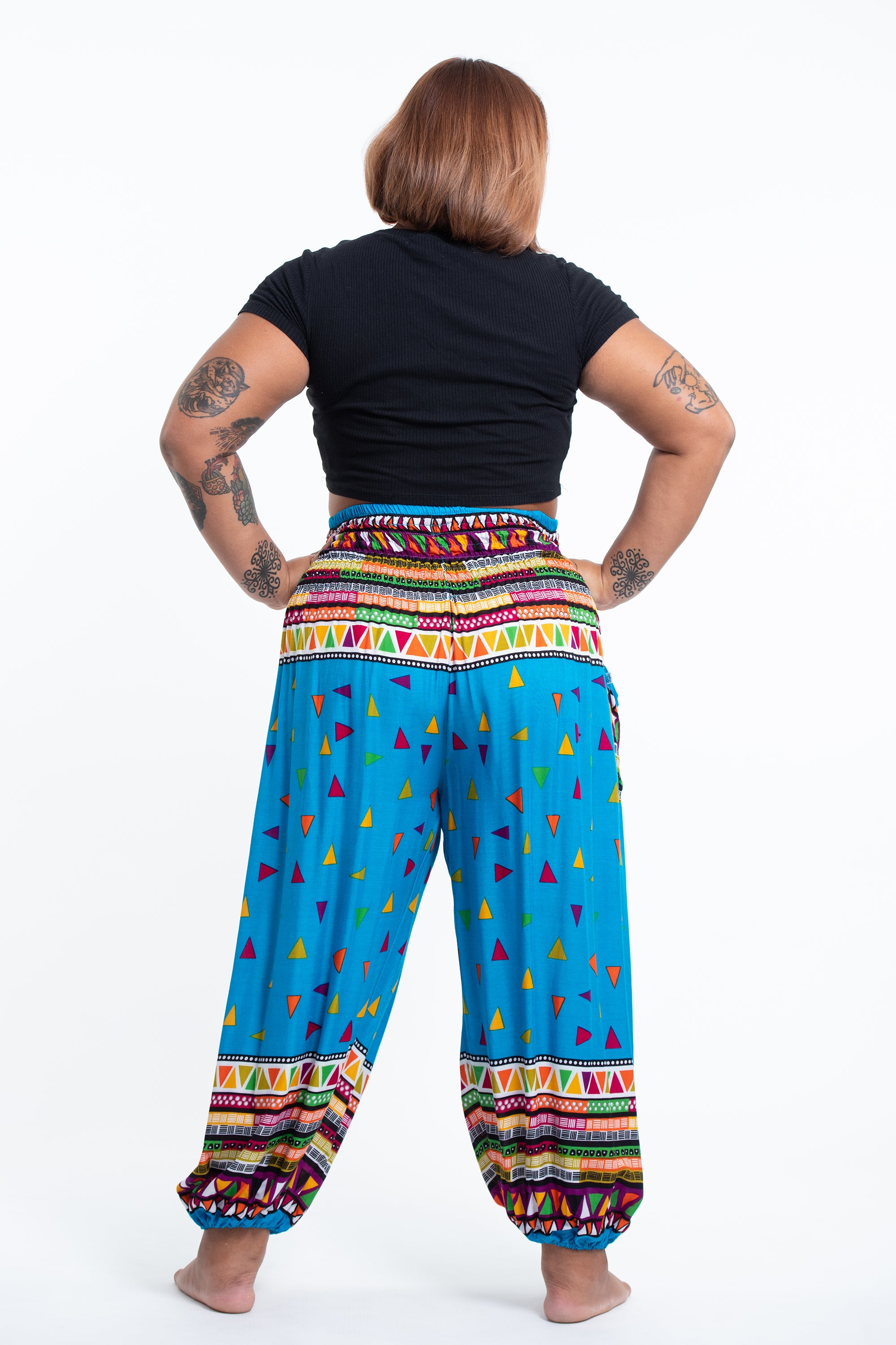 Plus Size Triangles Women's Harem Pants in Ocean Blue
