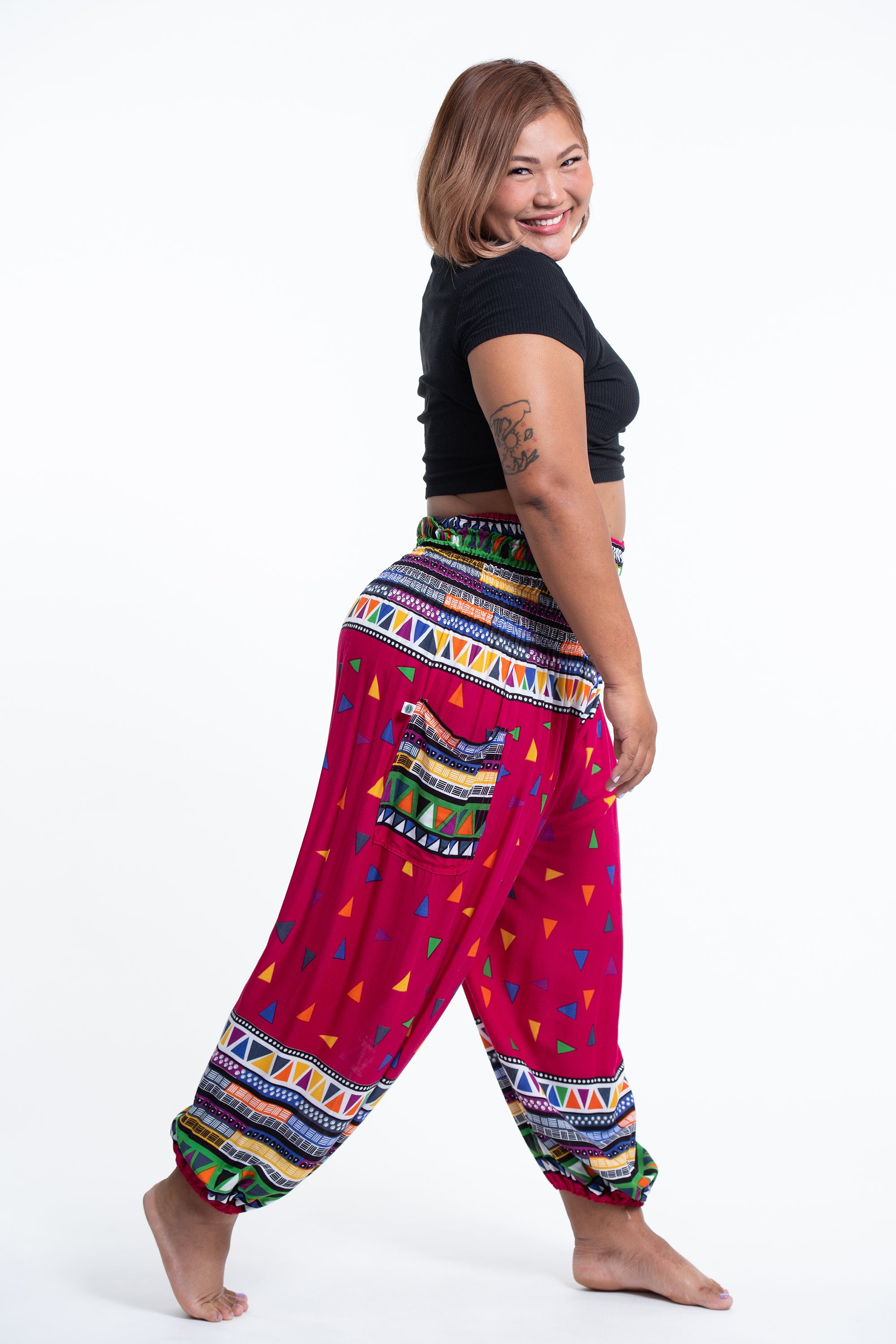Plus Size Triangles Women's Harem Pants in Pink
