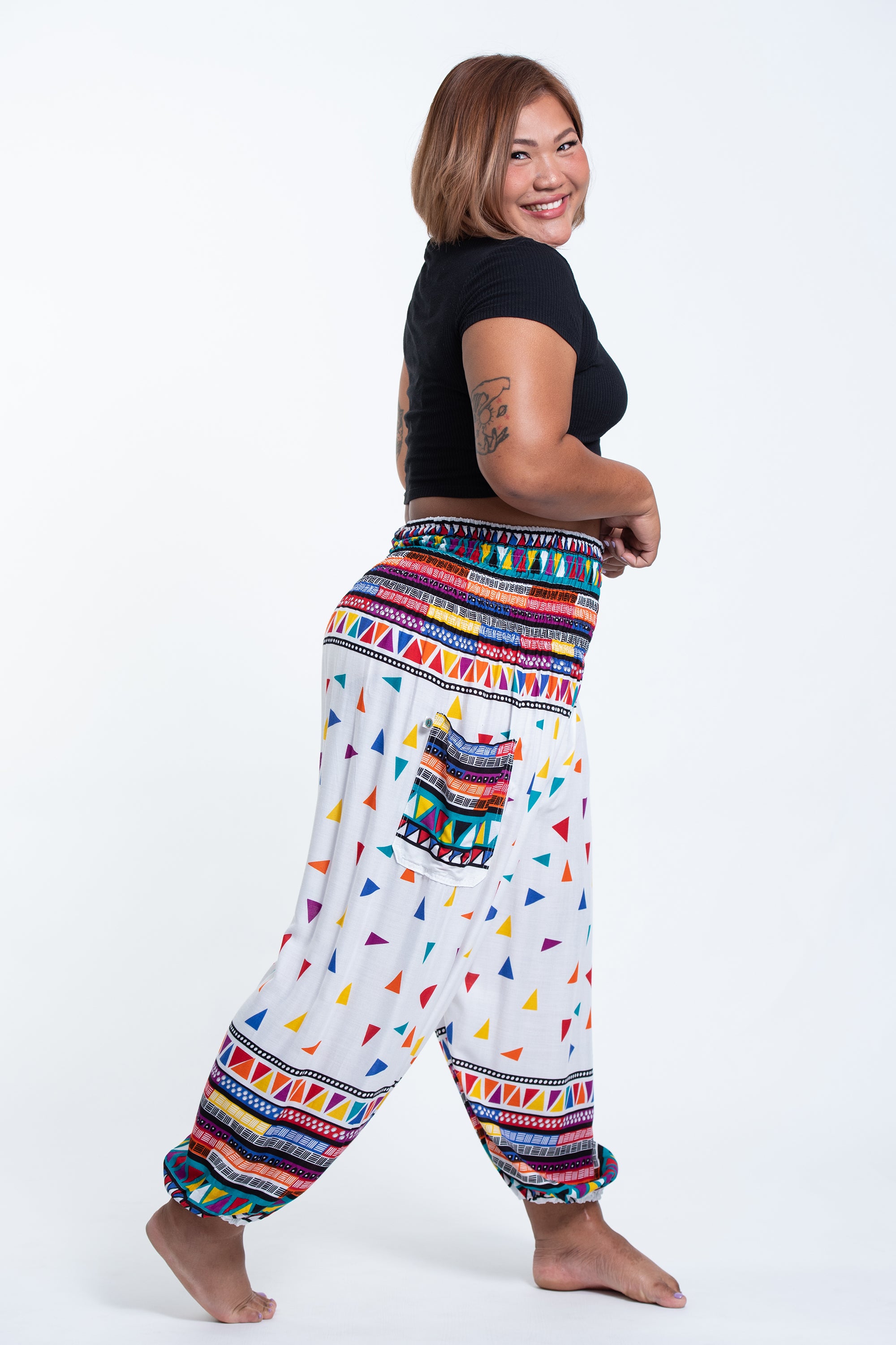 Plus Size Triangles Women's Harem Pants in White