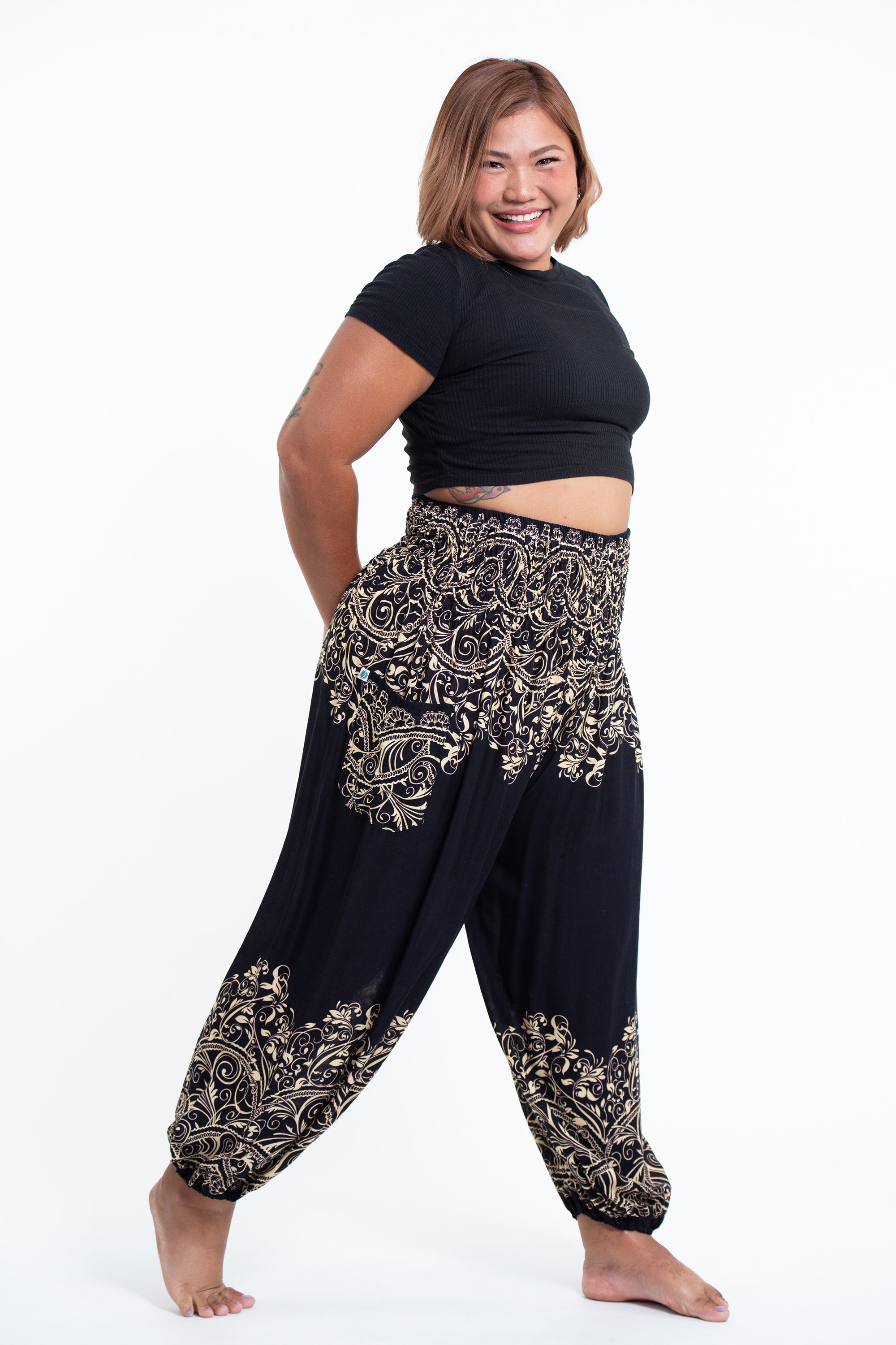 Plus Size Vines Women's Harem Pants in Black