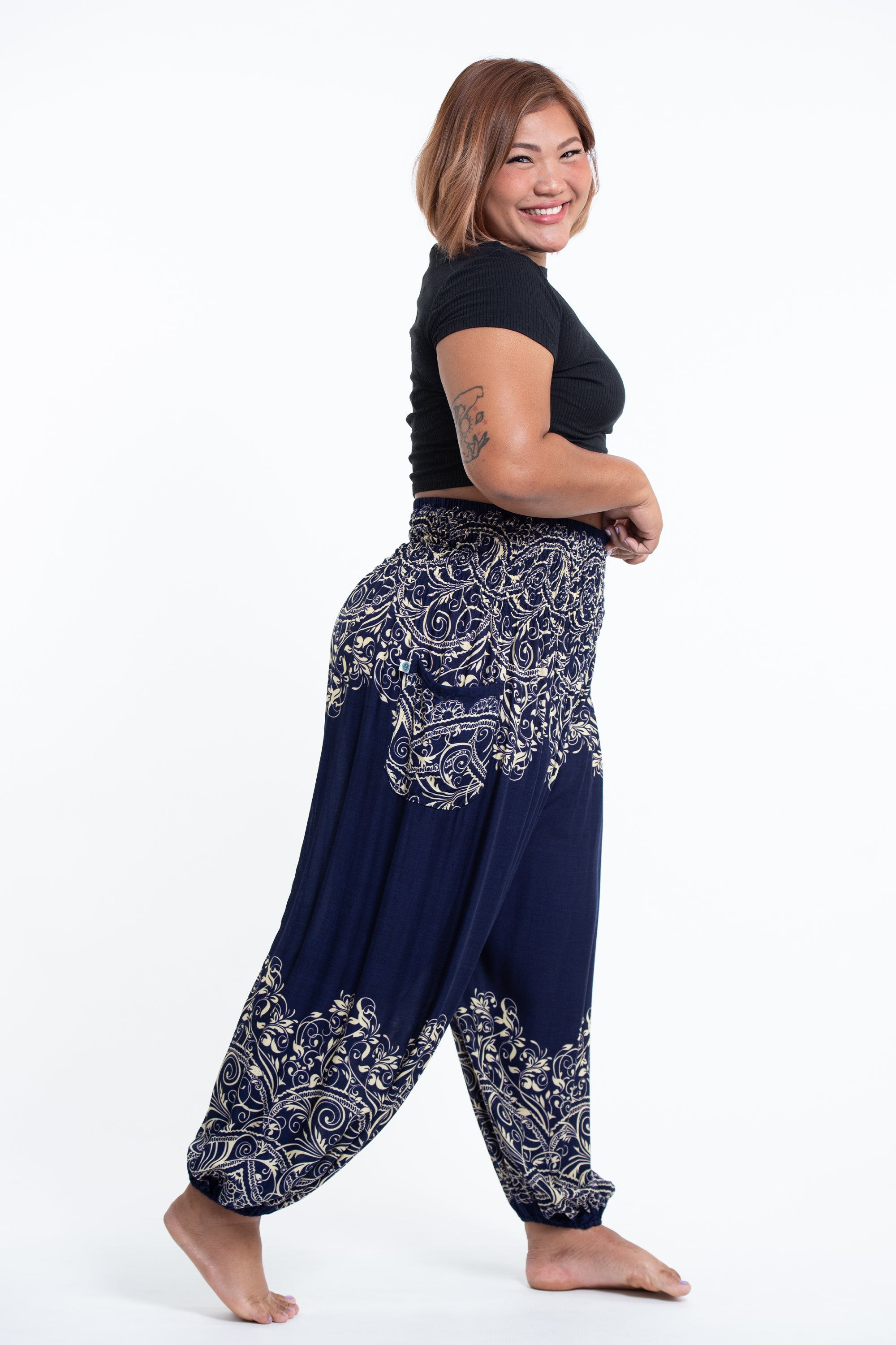 Plus Size Vines Women's Harem Pants in Blue