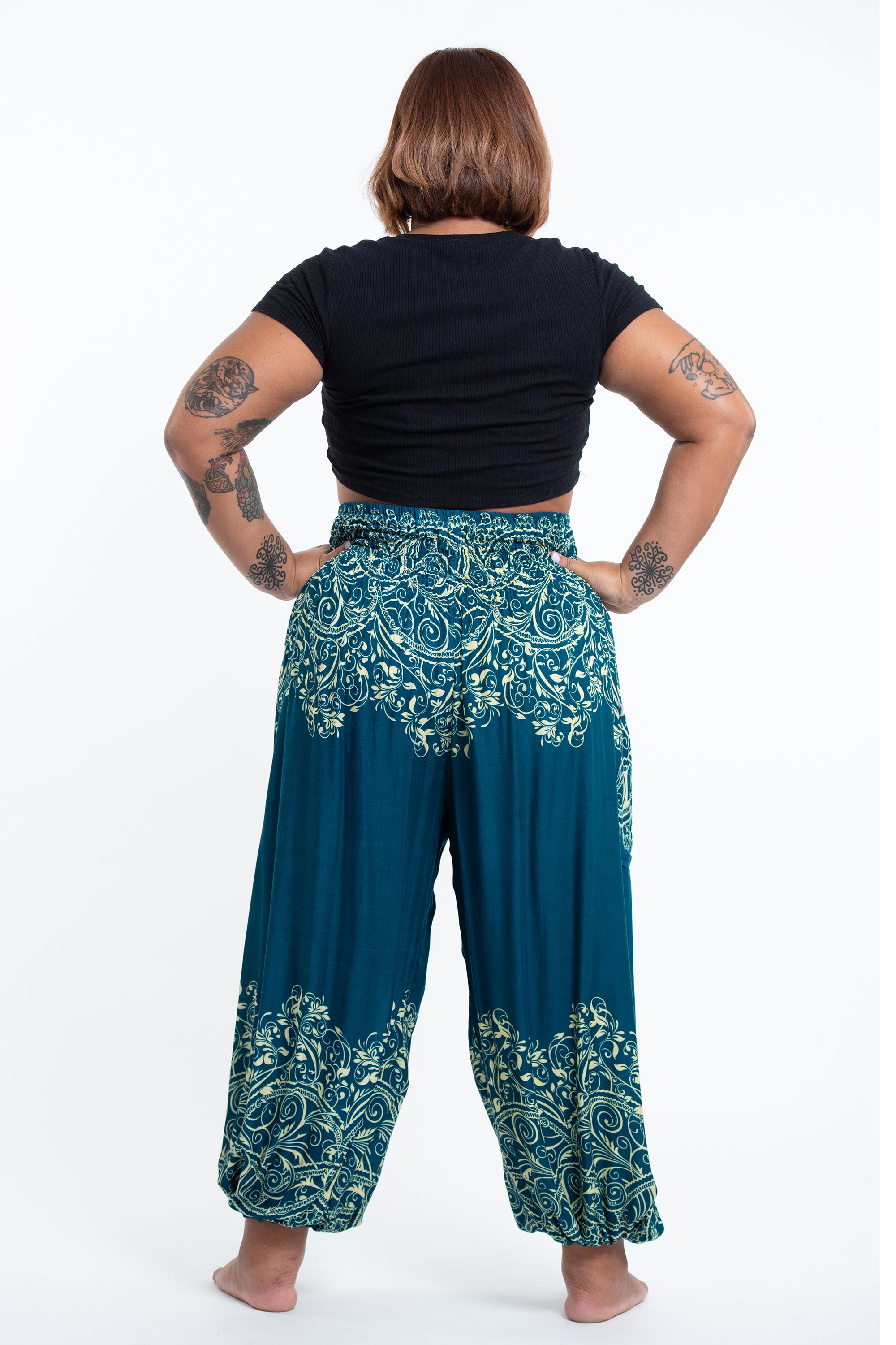 Plus Size Vines Women's Harem Pants in Turquoise