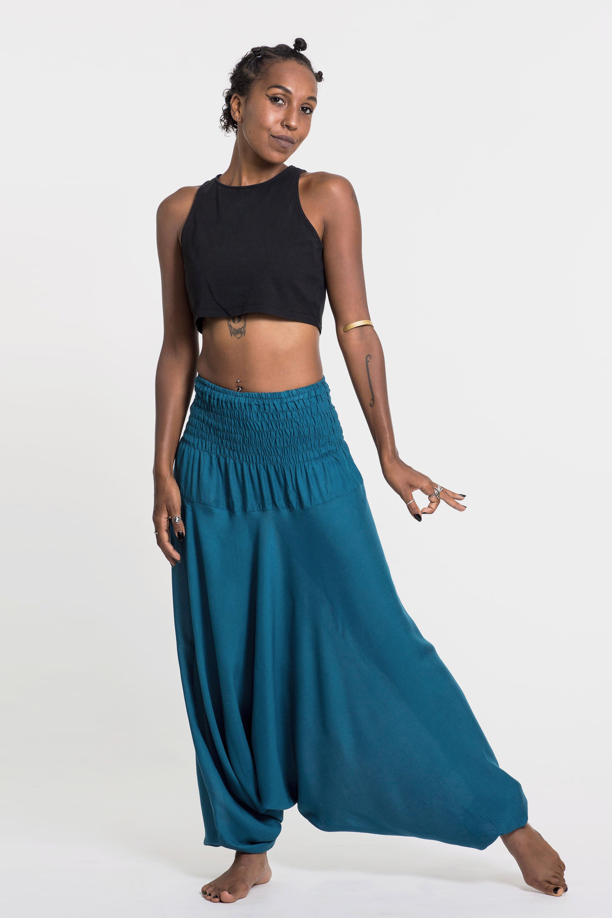 Solid Color 2-in-1 Jumpsuit Harem Pants in Aqua Blue