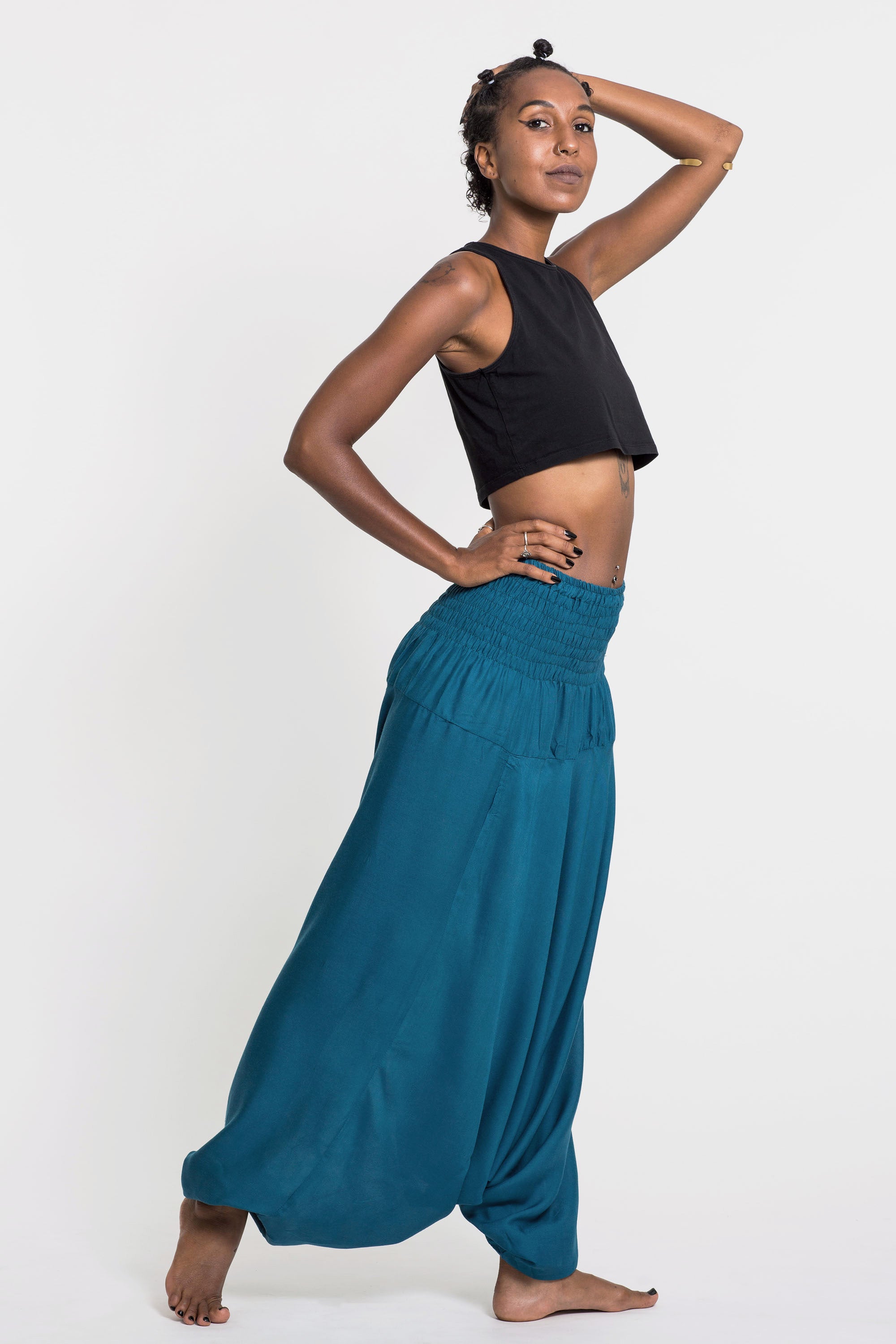 Solid Color 2-in-1 Jumpsuit Harem Pants in Aqua Blue