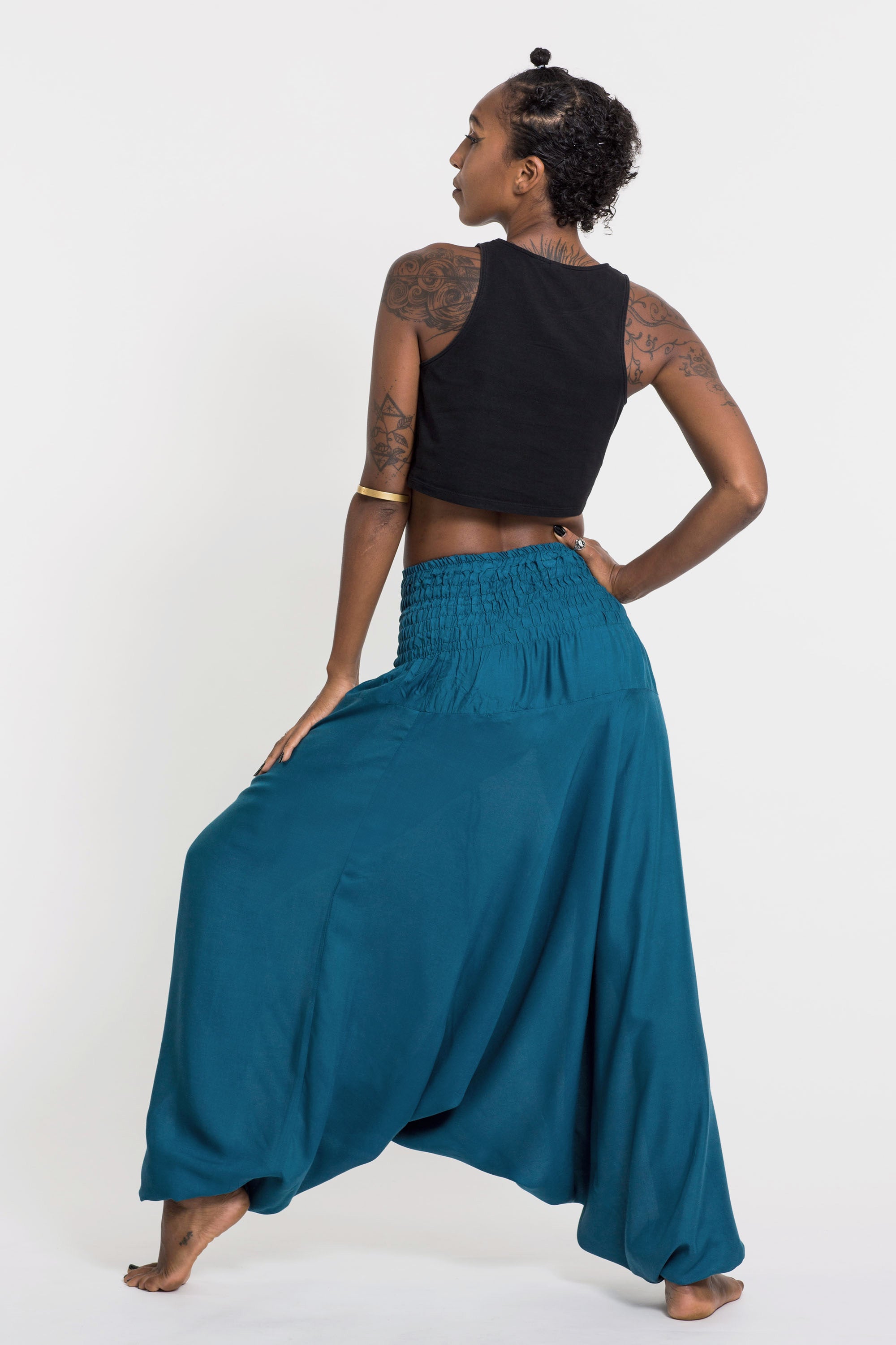 Solid Color 2-in-1 Jumpsuit Harem Pants in Aqua Blue