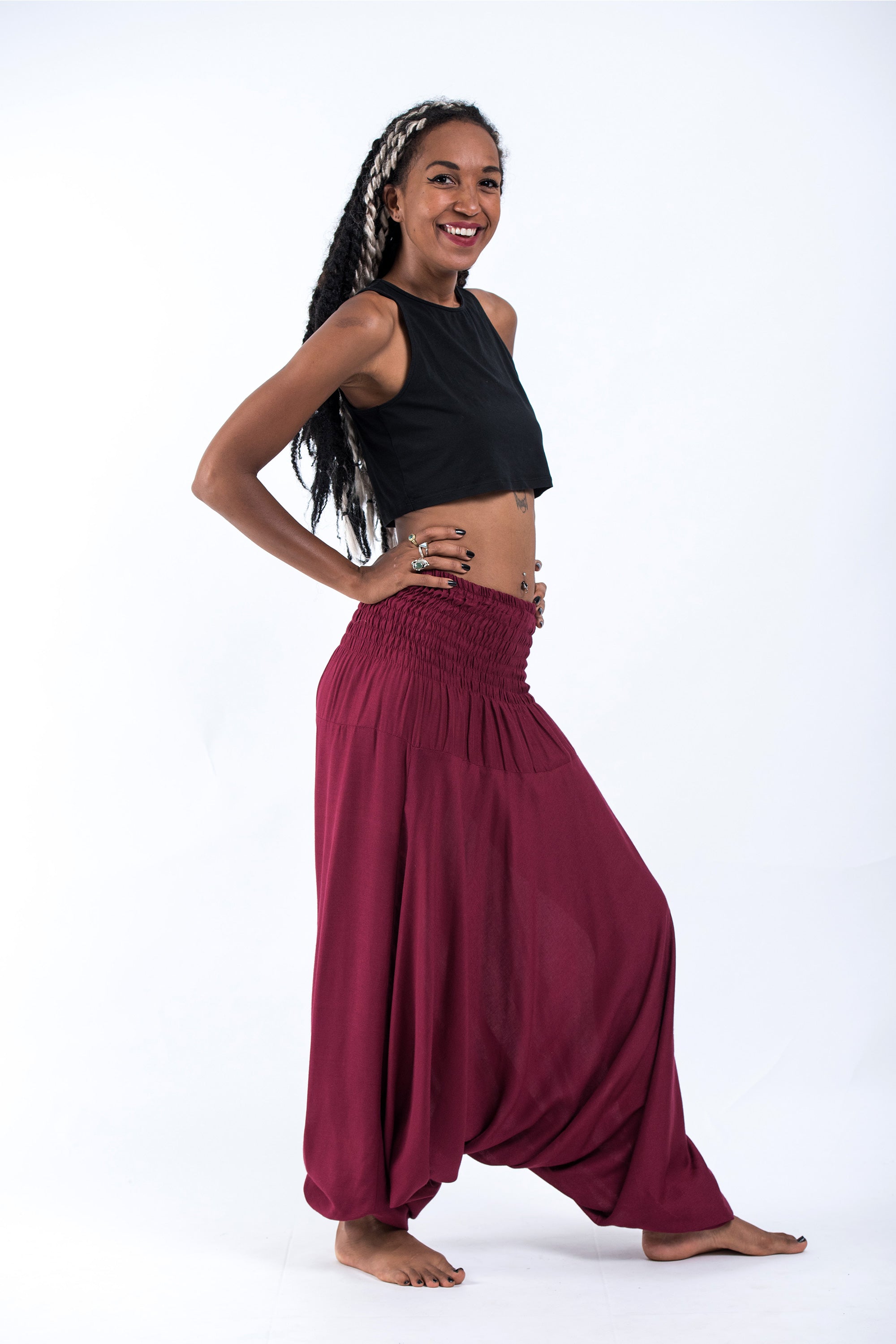 Solid Color 2-in-1 Jumpsuit Harem Pants in Red