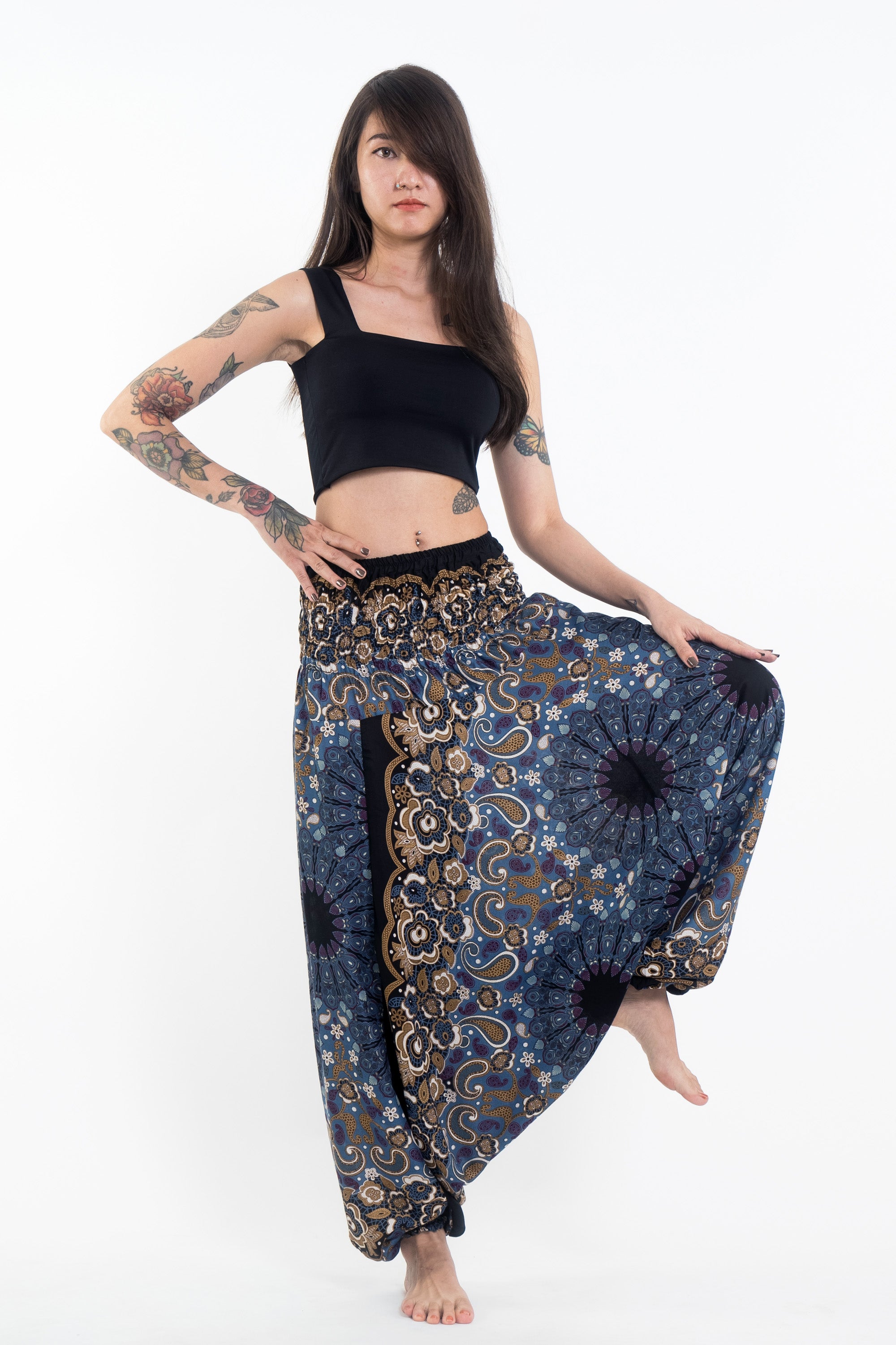 Paisley Mandalas 2-in-1 Jumpsuit Harem Pants in Blue Gray