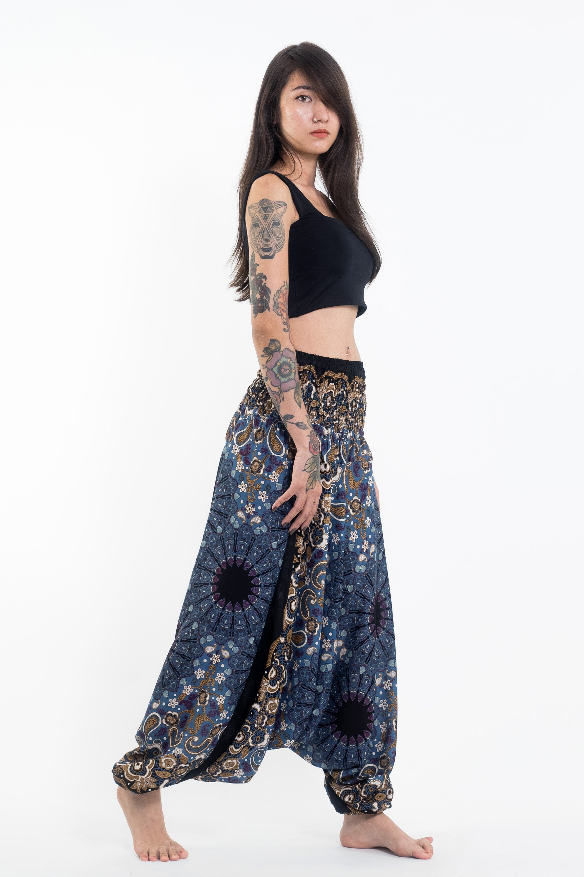 Paisley Mandalas 2-in-1 Jumpsuit Harem Pants in Blue Gray