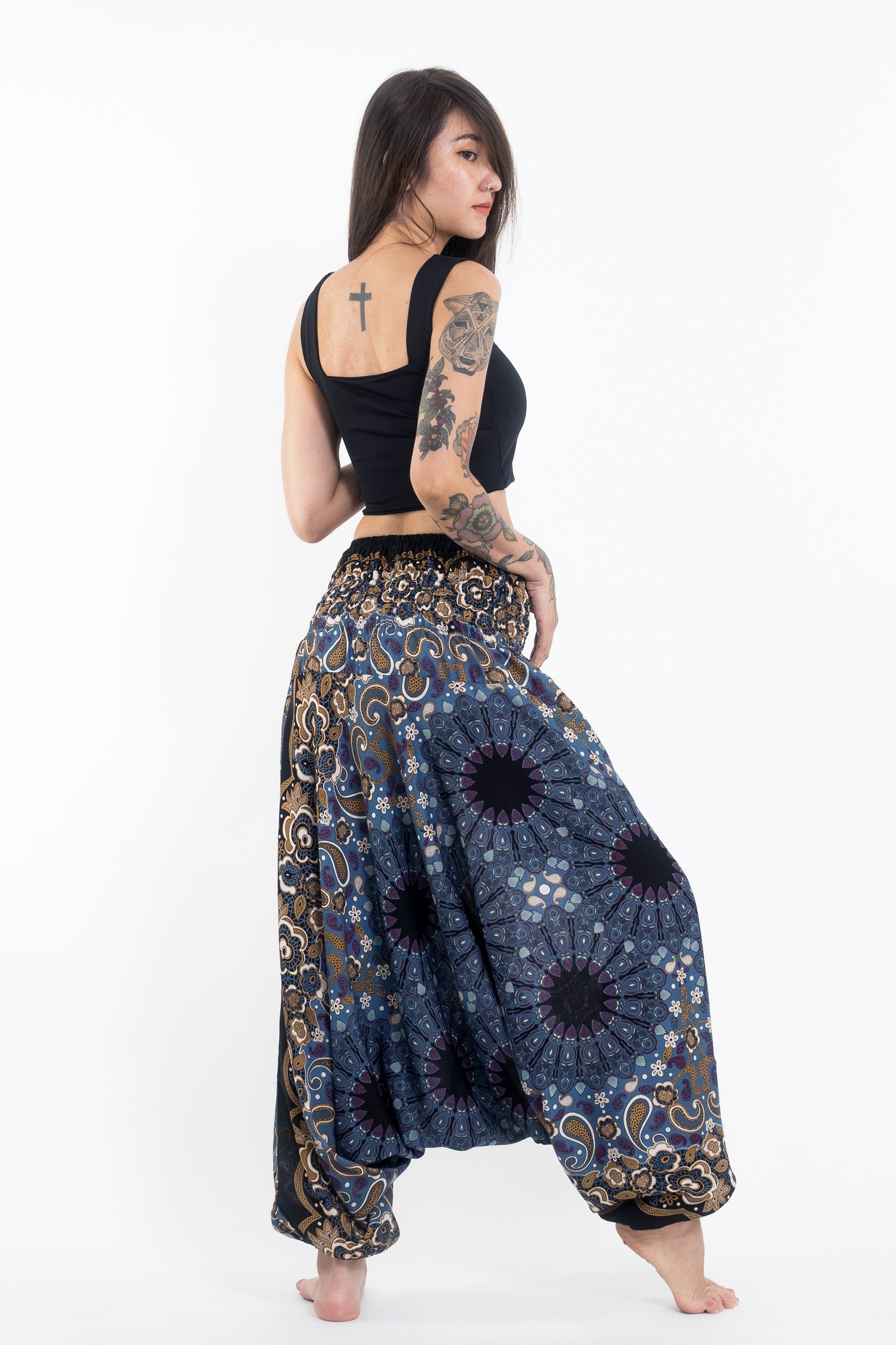 Paisley Mandalas 2-in-1 Jumpsuit Harem Pants in Blue Gray
