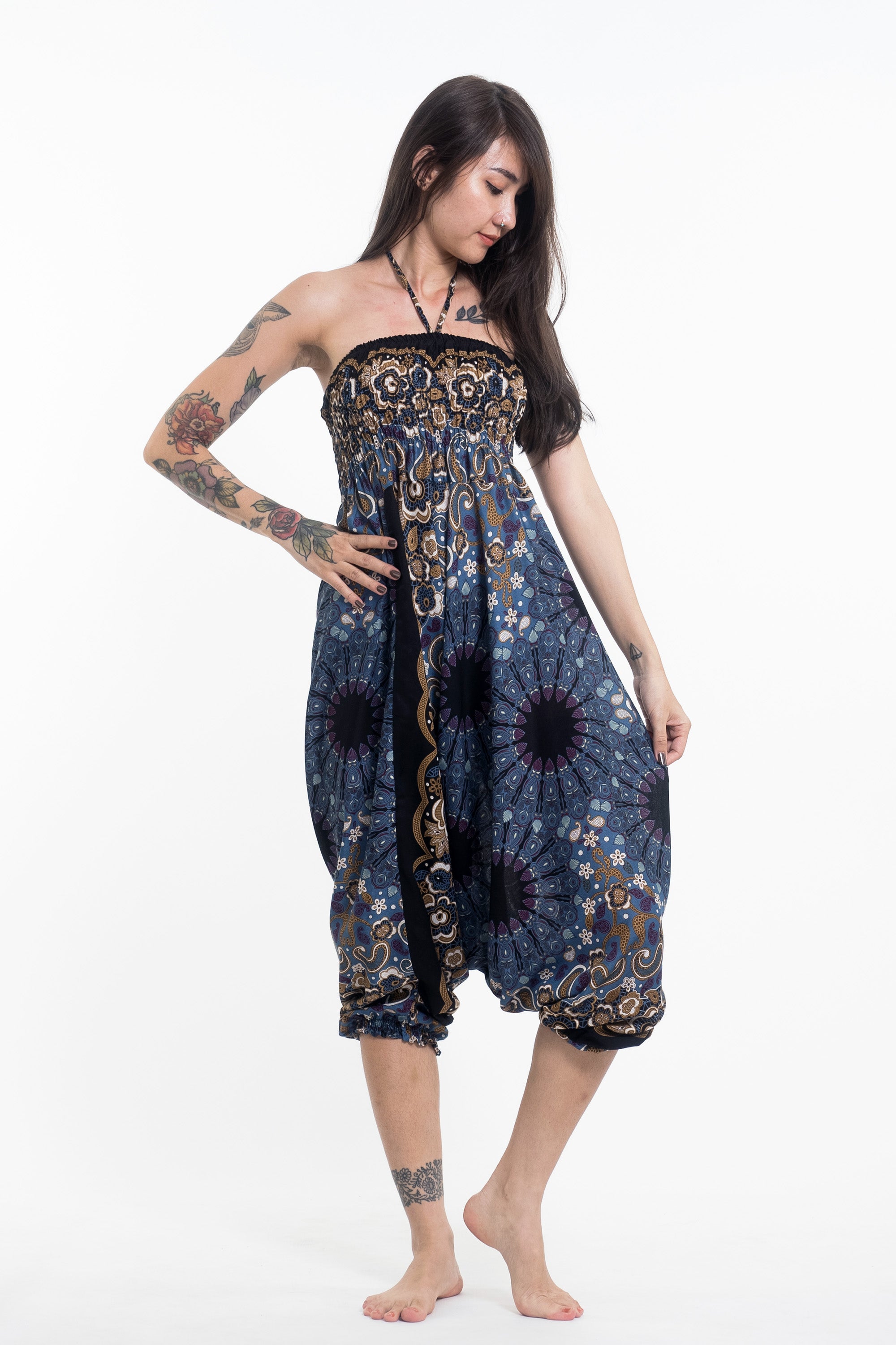 Paisley Mandalas 2-in-1 Jumpsuit Harem Pants in Blue Gray