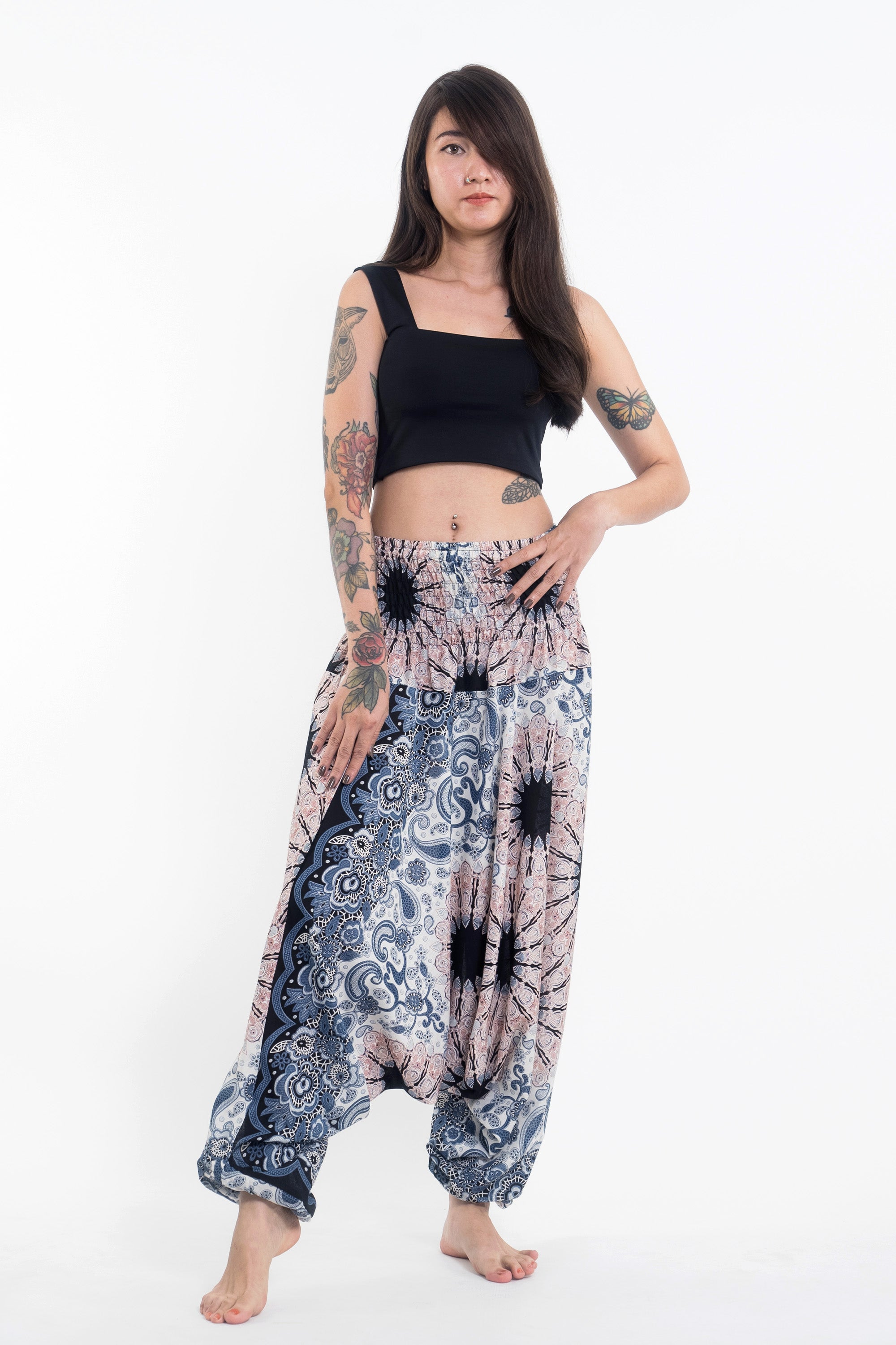 Paisley Mandalas 2-in-1 Jumpsuit Harem Pants in Silver Gray