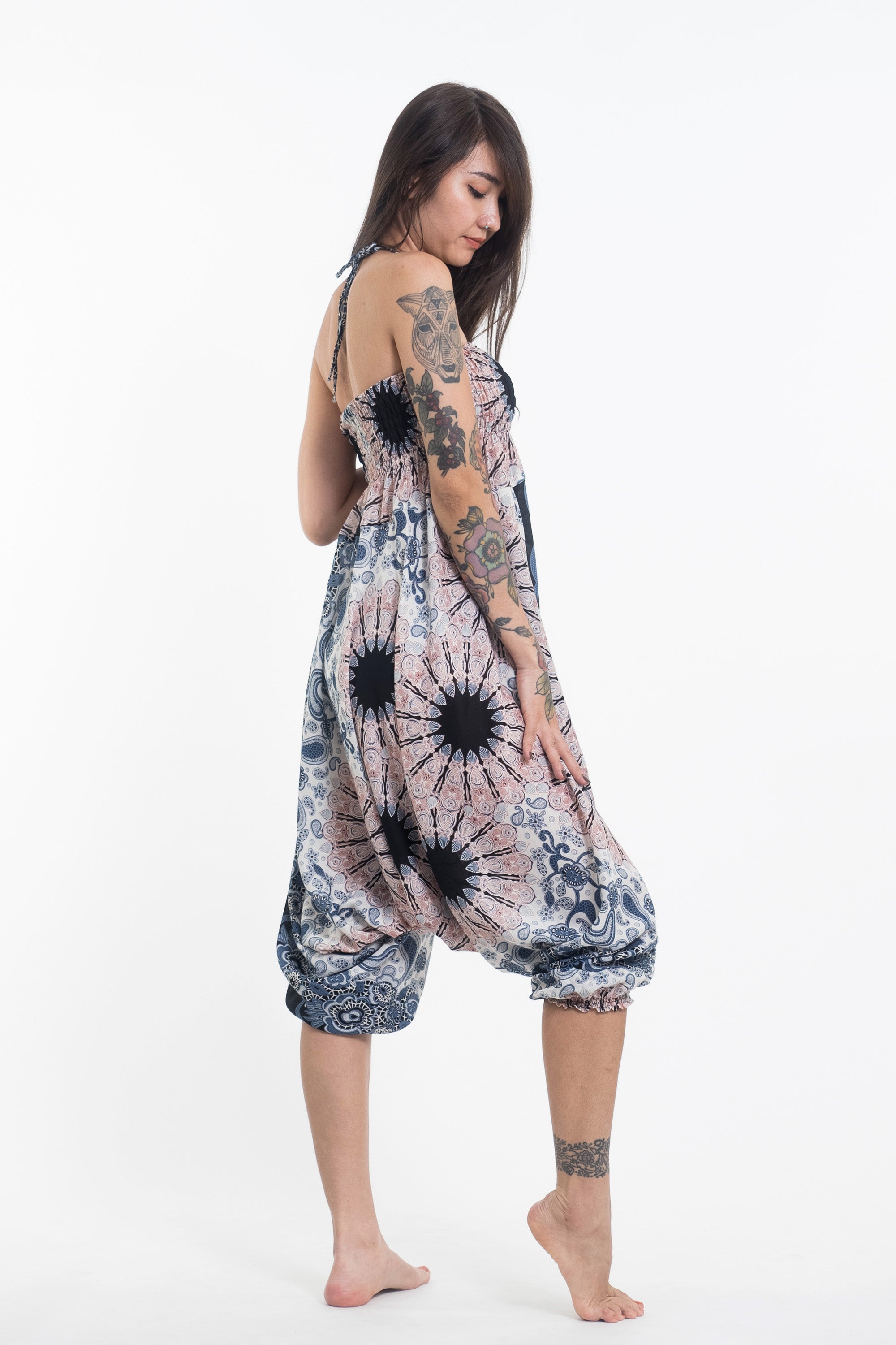 Paisley Mandalas 2-in-1 Jumpsuit Harem Pants in Silver Gray