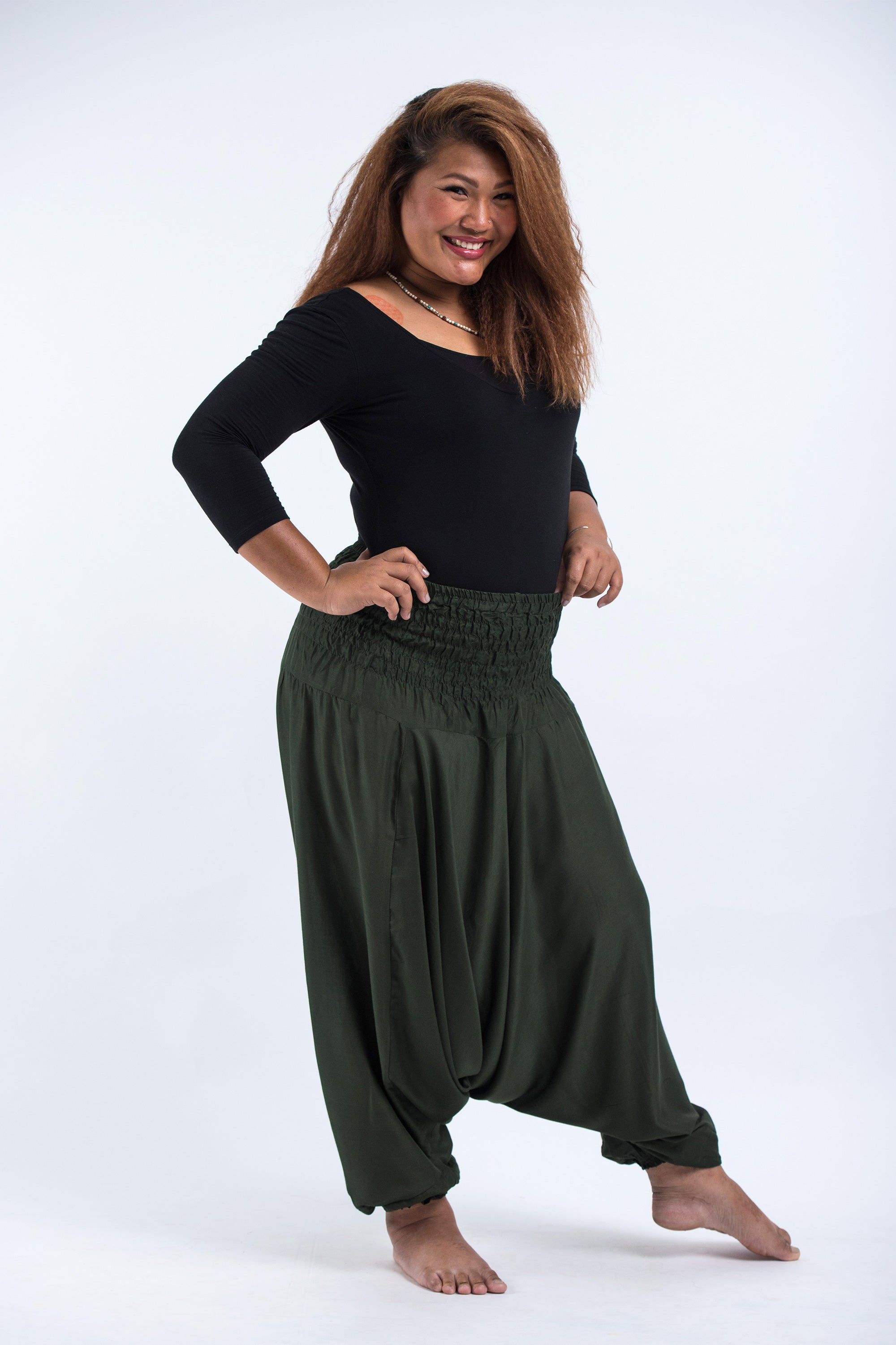 Plus Size Solid Color 2-in-1 Jumpsuit Harem Pants in Dark green