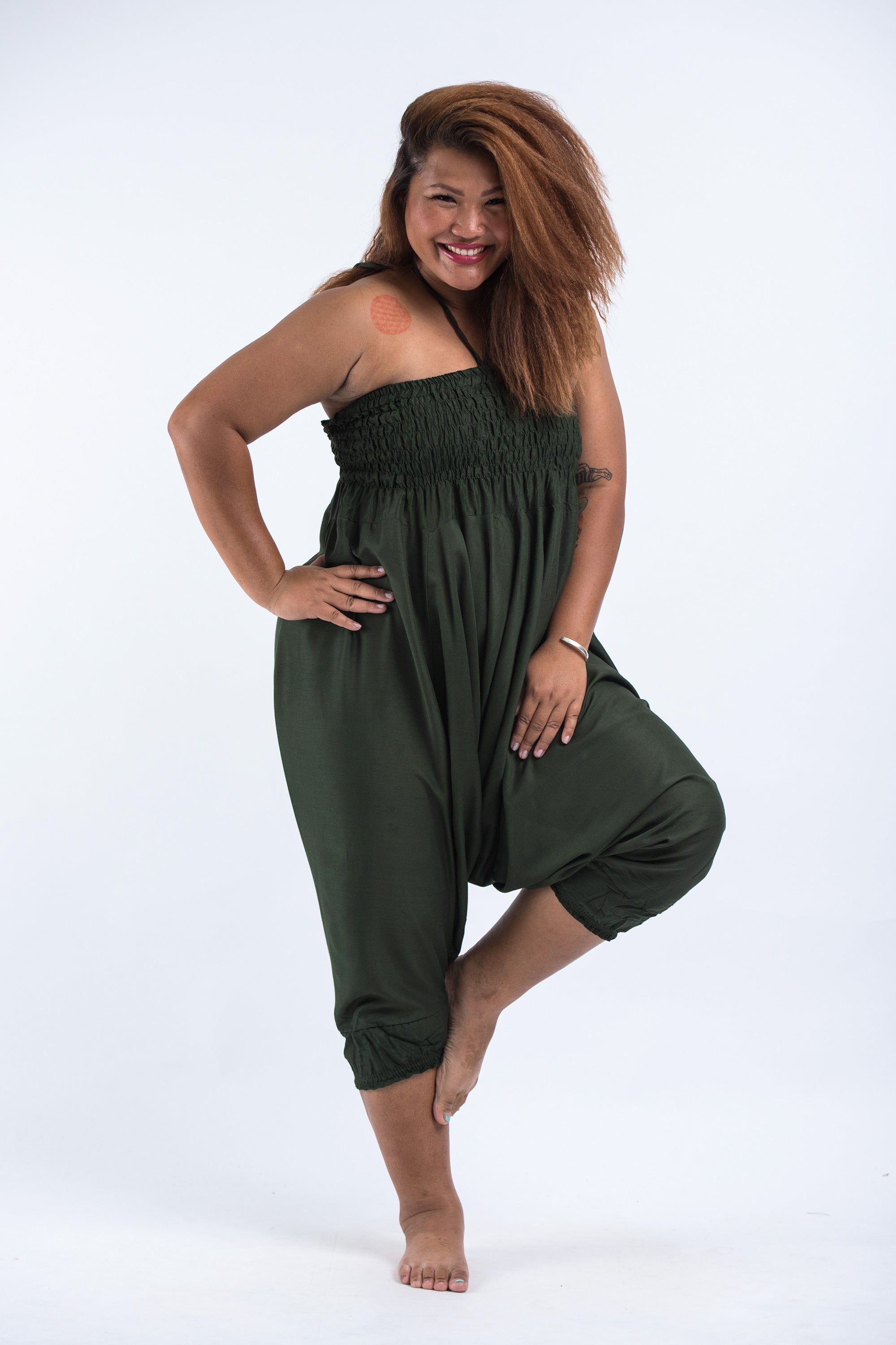 Plus Size Solid Color 2-in-1 Jumpsuit Harem Pants in Dark green