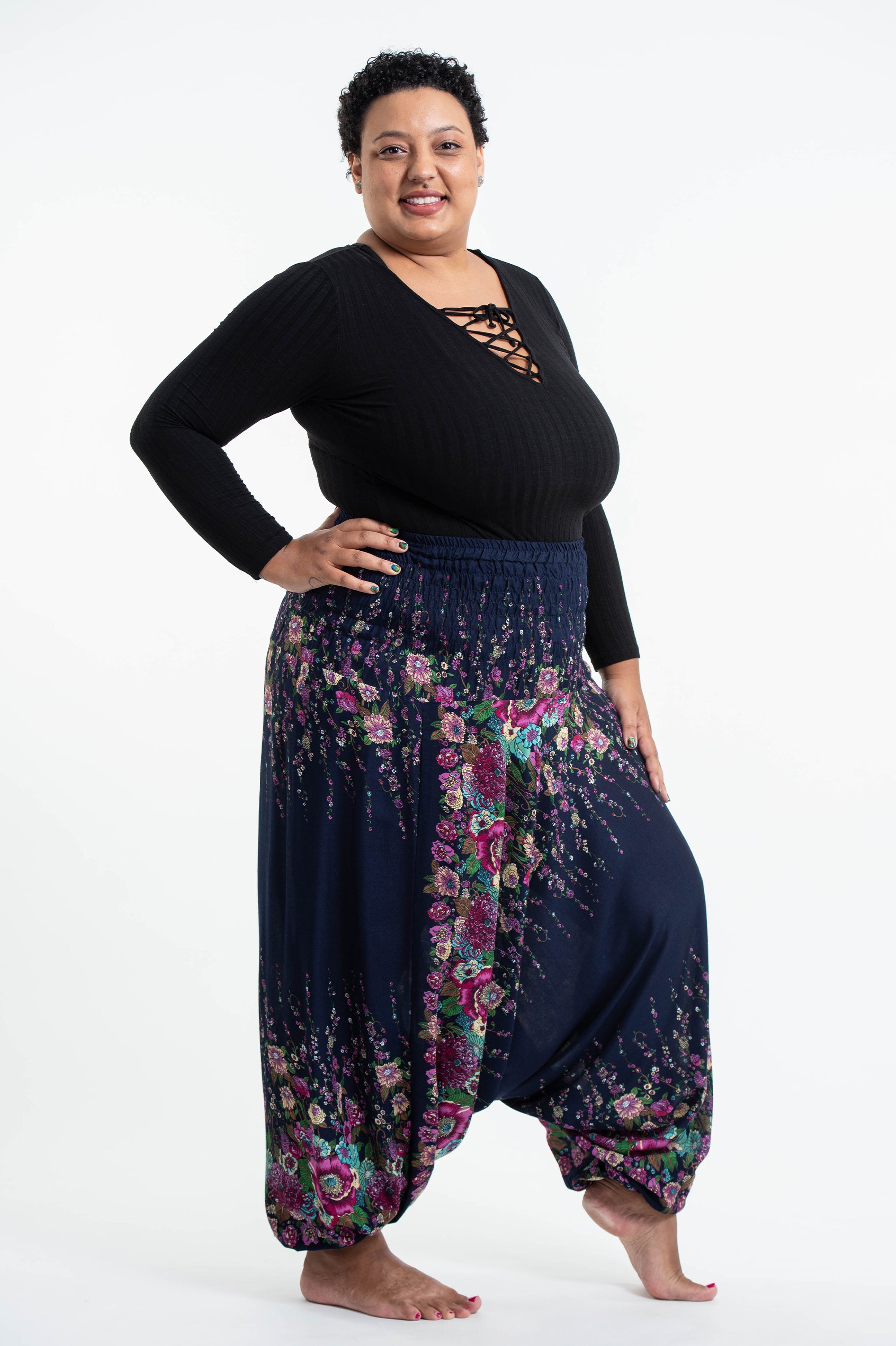 Plus Size Floral 2-in-1 Jumpsuit Harem Pants in Blue