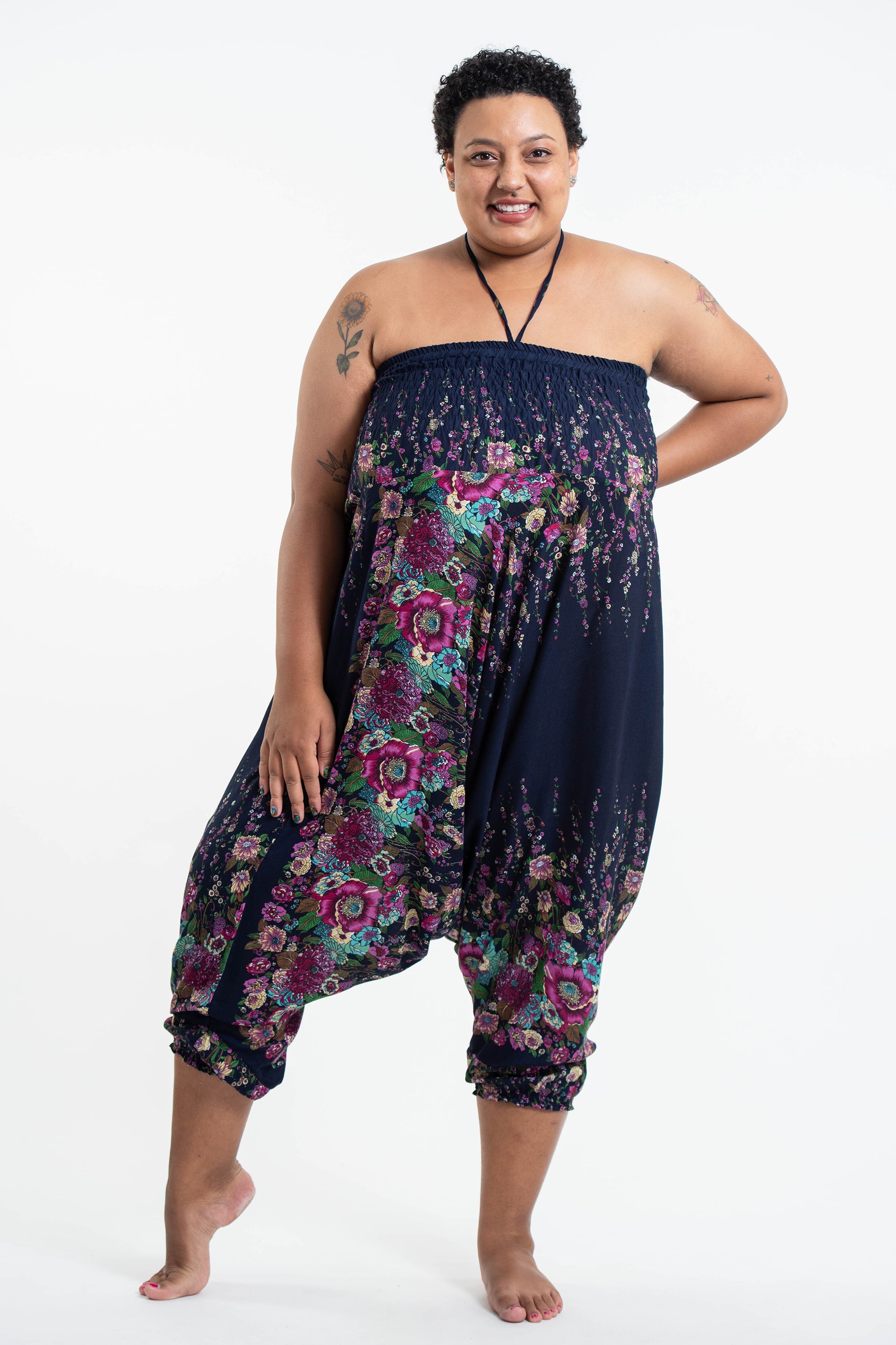 Plus Size Floral 2-in-1 Jumpsuit Harem Pants in Blue