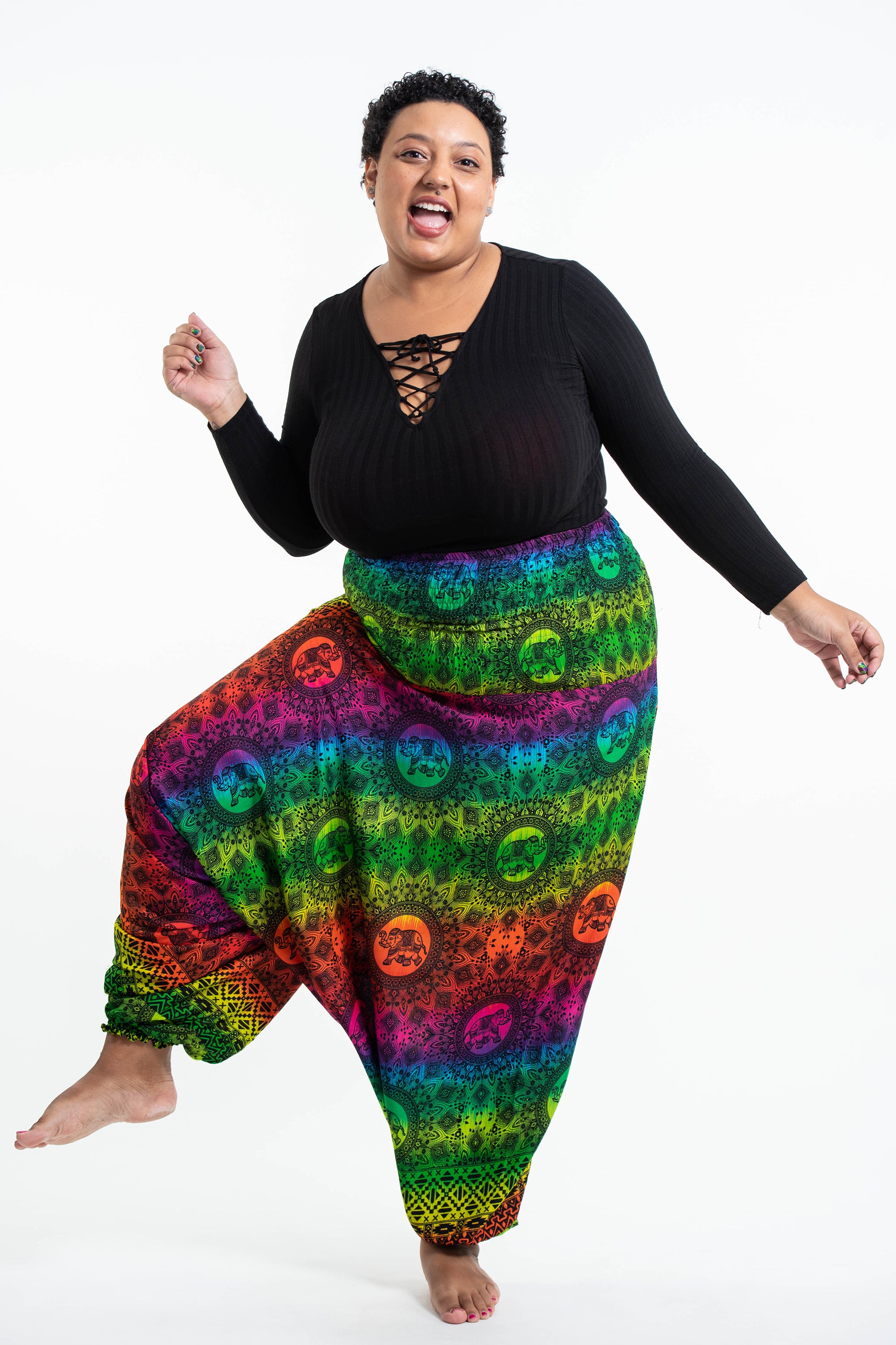 Plus Size Rainbow Elephant 2-in-1 Jumpsuit Elephant Pants in Green