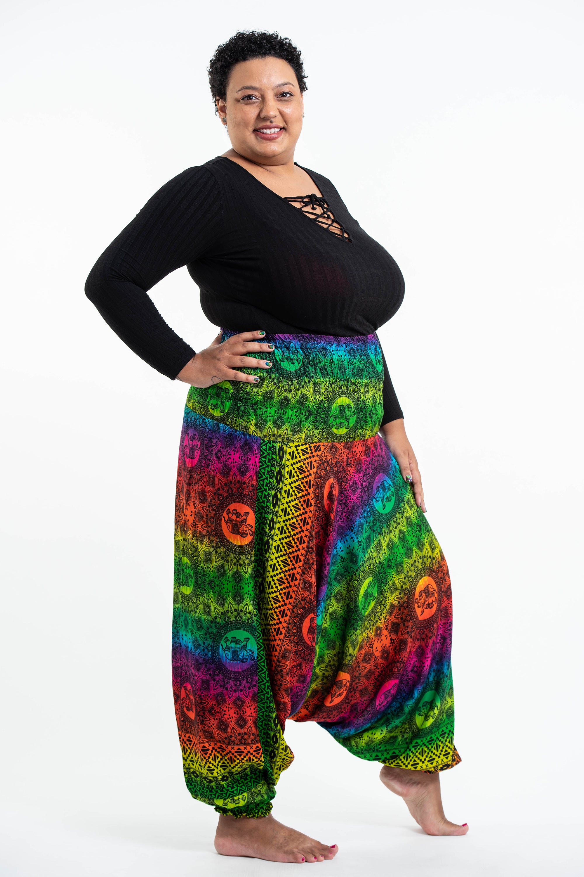 Plus Size Rainbow Elephant 2-in-1 Jumpsuit Elephant Pants in Green