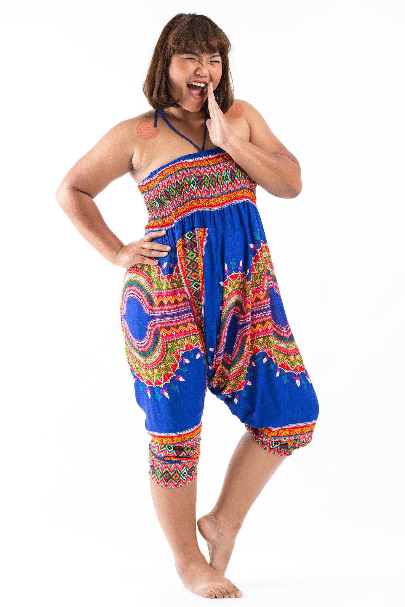 Plus Size Dashiki Prints 2-in-1 Jumpsuit Harem Pants in Blue